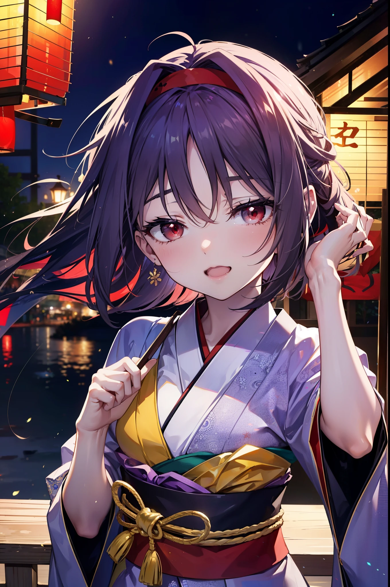 yuukikonno, Konno Yuuki, hair band, Long Hair, Pointed Ears, Purple Hair, (Red eyes:1.5), (Small breasts:1.2), Open your mouth,Open your mouth,Long Hair,happy smile, smile, Open your mouth,Purple Kimono,Long sleeve,Sandals,night空の花火,Fireworks display,Japanese Festivals,Summer festival food stalls,Red Lantern, night,whole bodyがイラストに入るように,Looking down from above,
break outdoors, shrine,                                              break looking at viewer,whole body,Upper Body,(Cowboy Shot:1. 5)
break (masterpiece:1.2), highest quality, High resolution, unity 8k wallpaper, (shape:0.8), (Beautiful and beautiful eyes:1.6), Highly detailed face, Perfect lighting, Highly detailed CG, (Perfect hands, Perfect Anatomy),