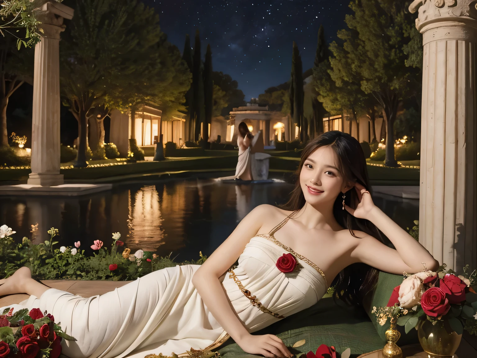 Giorgione painting style,Arguments of two female Philosophe,math、astronomical machine、astronaut、roses in vase、fruits、Cute trinkets、smile、ancient greek costume、Background is a forest lake at night 、Clothes that stretch your shoulders、A big smile、beautiful bare skin、A detailed representation of the seducing woman throughout her body.