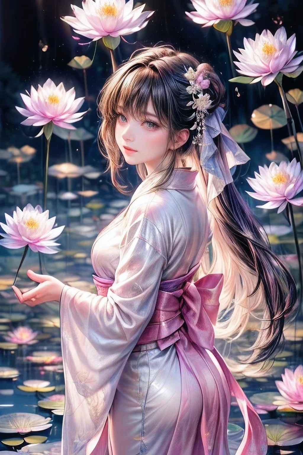 multiple exposure, masterpiece:1.2, highest quality, 16k, highres, ultra-realistic, photorealistic:1.37, beautiful detailed:1.2, cute girl, standing on a bridge spanning a water lilies pond, jet black long straight hair, blunt bangs, pond(colorful water lilies, full of water lilies), beautiful delicate elegant kimono with a water lilies motif, Beautiful and elegant pose, gently smile, beautiful delicate(hair, face, long eyelash, eyes, pupils, lips, kimono, water lilies, pond), sparkling eyes, shining rosy lips, blushed cheek, through bangs