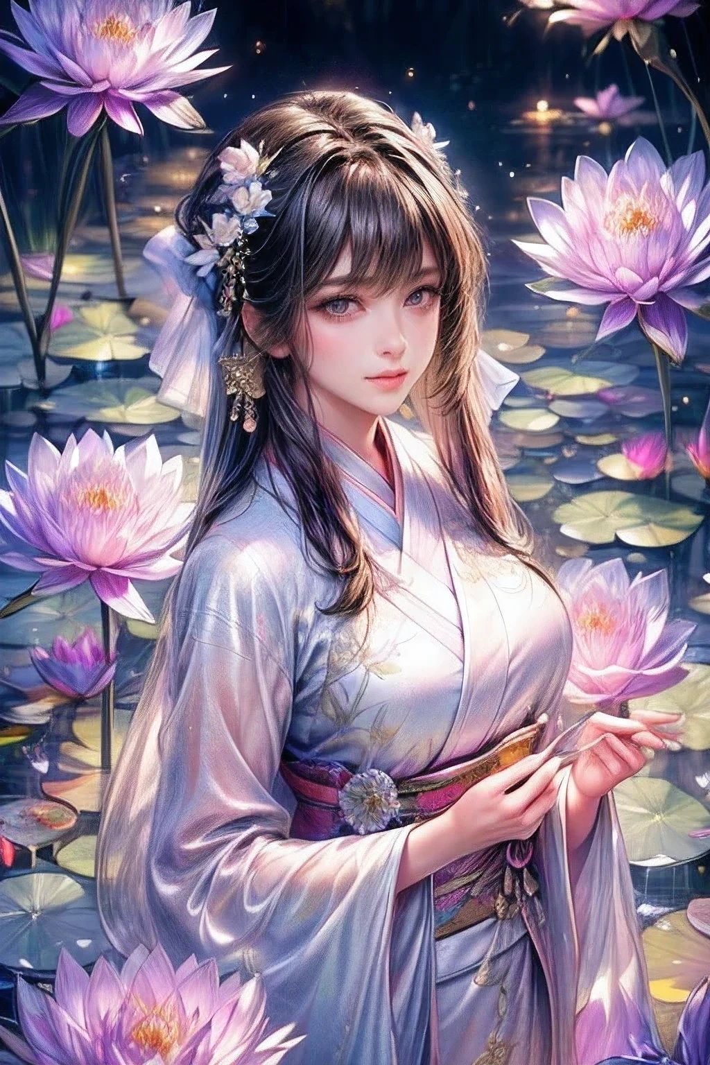 multiple exposure, masterpiece:1.2, highest quality, 16k, highres, ultra-realistic, photorealistic:1.37, beautiful detailed:1.2, cute girl, standing on a bridge spanning a water lilies pond, jet black long straight hair, blunt bangs, pond(colorful water lilies, full of water lilies), beautiful delicate elegant kimono with a water lilies motif, Beautiful and elegant pose, gently smile, beautiful delicate(hair, face, long eyelash, eyes, pupils, lips, kimono, water lilies, pond), sparkling eyes, shining rosy lips, blushed cheek, through bangs
