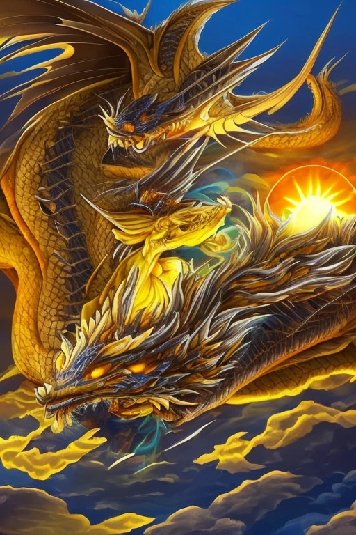 So sublime and divine々A beautiful golden dragon floats in the center of the screen, glaring at the camera.。金色のThe dragon is幸せをもたらす神なのでとても有難い存在である。The surrounding area is a canyon where no one can get close, and lightning is flashing in the background.、The sun is shining brightly。The dragon is、I want a realistic image。