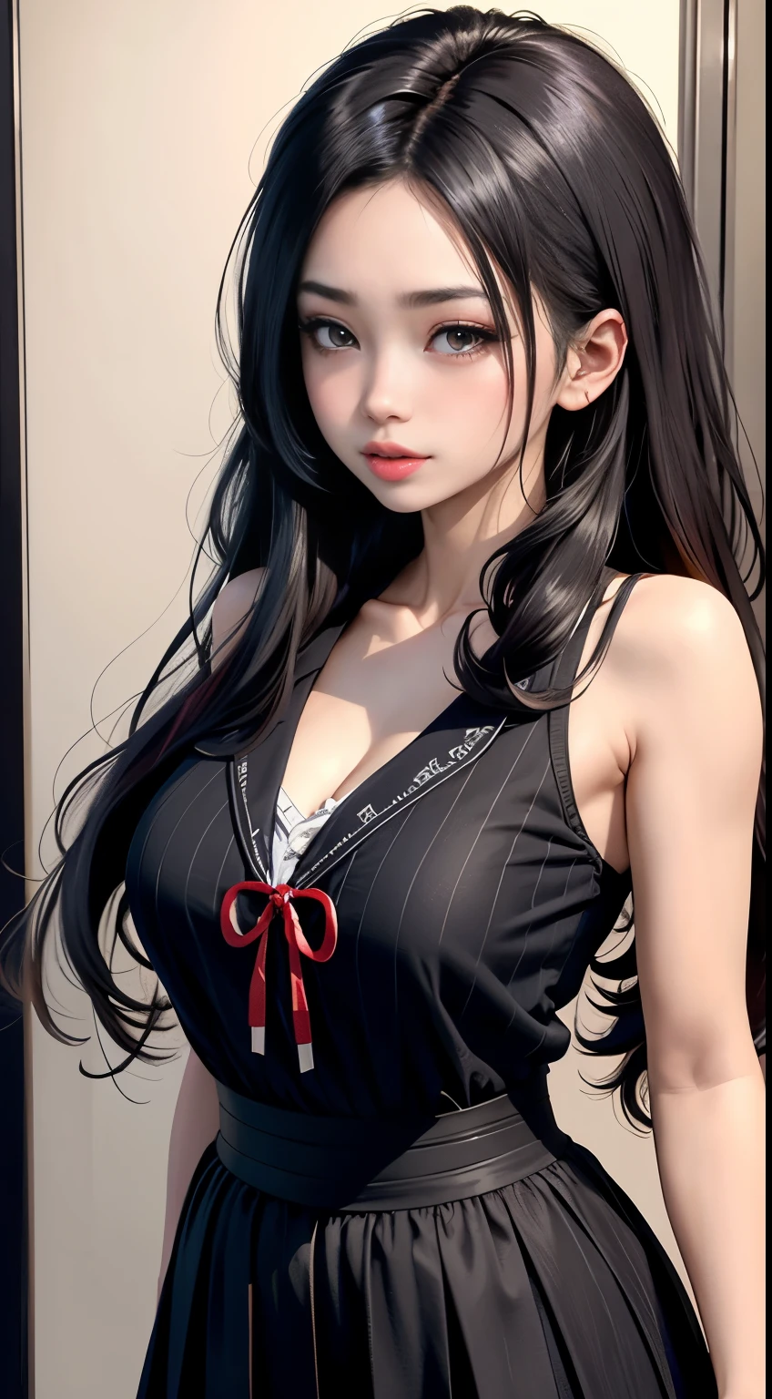 Create an anime girl with long hair, wearing black Japanese school clothes with yellow stripes, her chest is large, her tongue sticks out with a wink, her lips are red, and her hair is black with a little yellow