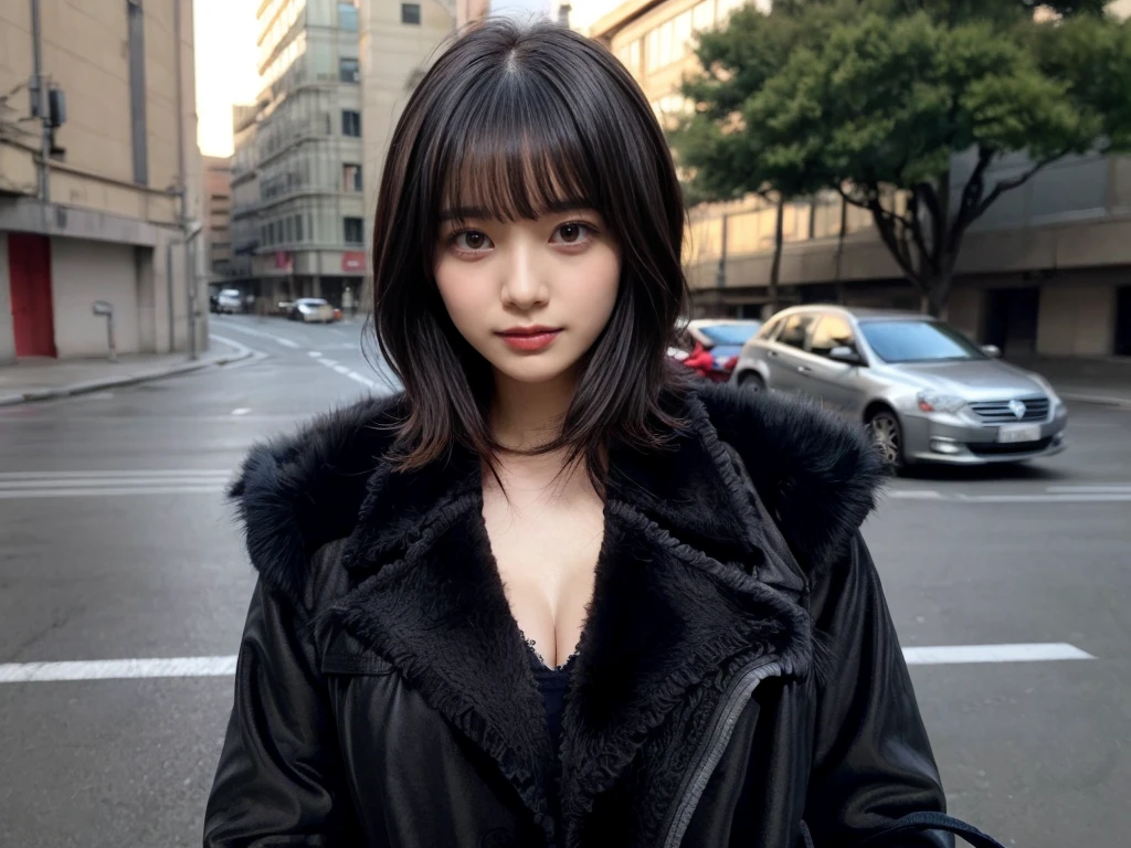 With bangs,Beautiful black hair,Woman with straight medium bob cut,,,21-year-old female,(((No hat))),Aspacarina,((Shy expression)),huge breasts,,Very beautiful eyes, ,(((Wearing a tattered black coat))),,(make:1.4),Big eyes,Hip Hop Dancer,Gangster style long pants,8k,High resolution,Gangster style,(head shot:1.5)