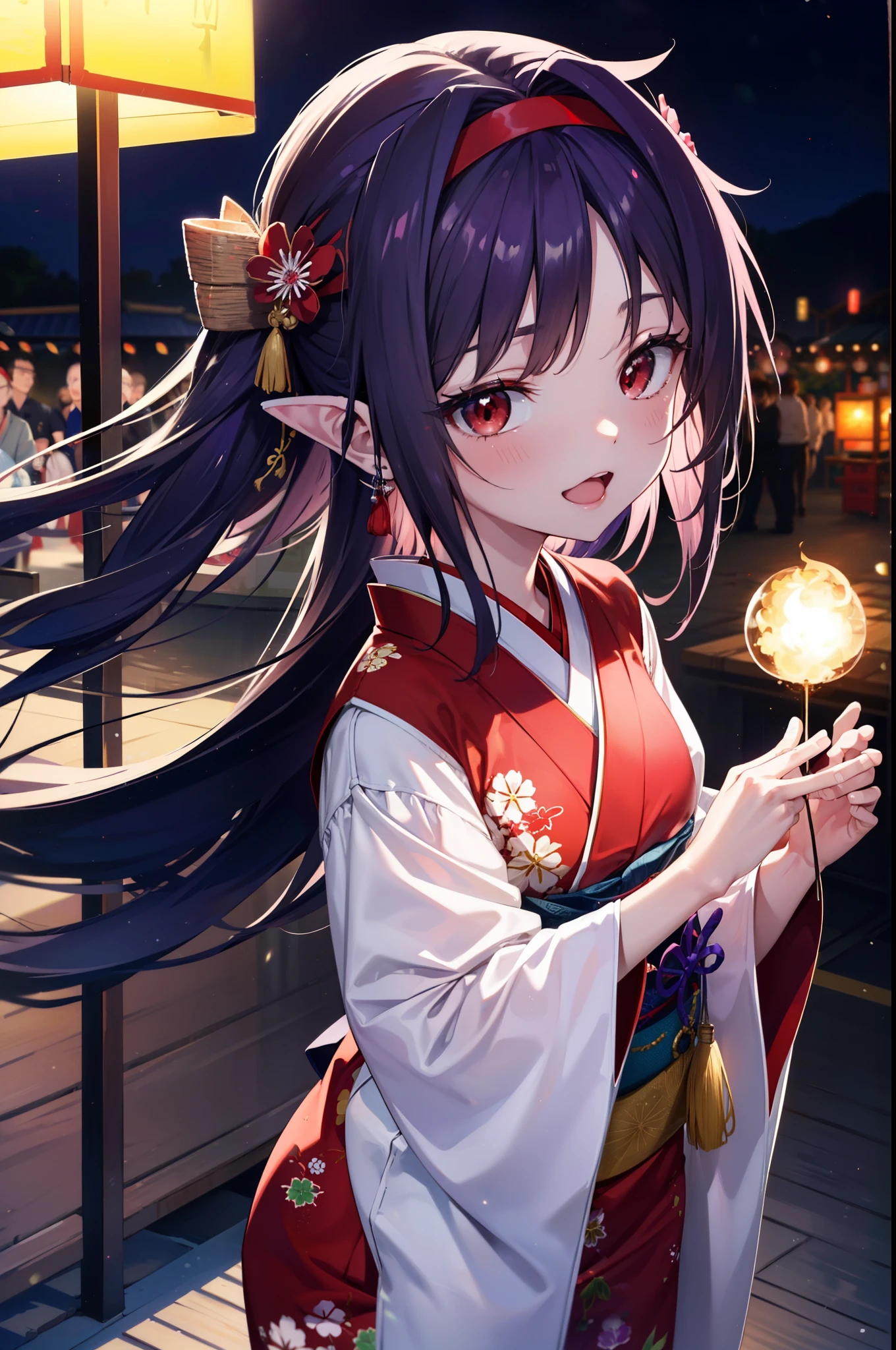 yuukikonno, Konno Yuuki, hair band, Long Hair, Pointed Ears, Purple Hair, (Red eyes:1.5), (Small breasts:1.2), Open your mouth,Open your mouth,Long Hair,happy smile, smile, Open your mouth,Purple Kimono,Long sleeve,Sandals,night空の花火,Fireworks display,Japanese Festivals,Summer festival food stalls,Red Lantern, night,whole bodyがイラストに入るように,Looking down from above,
break outdoors, shrine,                                              break looking at viewer,whole body,Upper Body,(Cowboy Shot:1. 5)
break (masterpiece:1.2), highest quality, High resolution, unity 8k wallpaper, (shape:0.8), (Beautiful and beautiful eyes:1.6), Highly detailed face, Perfect lighting, Highly detailed CG, (Perfect hands, Perfect Anatomy),