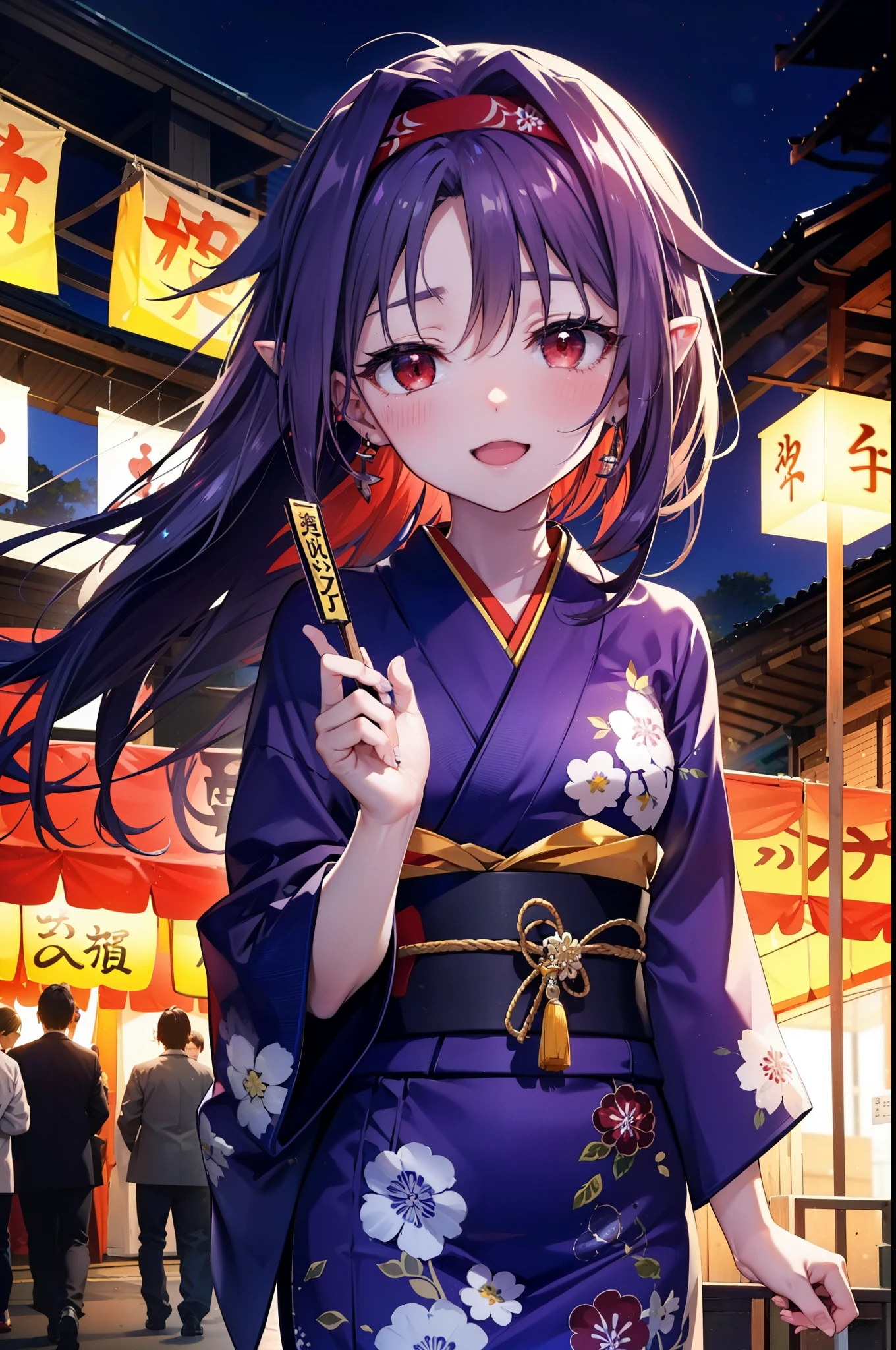 yuukikonno, Konno Yuuki, hair band, Long Hair, Pointed Ears, Purple Hair, (Red eyes:1.5), (Small breasts:1.2), Open your mouth,Open your mouth,Long Hair,happy smile, smile, Open your mouth,Purple Kimono,Long sleeve,Sandals,night空の花火,Fireworks display,Japanese Festivals,Summer festival food stalls,Red Lantern, night,whole bodyがイラストに入るように,Looking down from above,
break outdoors, shrine,                                              break looking at viewer,whole body,Upper Body,(Cowboy Shot:1. 5)
break (masterpiece:1.2), highest quality, High resolution, unity 8k wallpaper, (shape:0.8), (Beautiful and beautiful eyes:1.6), Highly detailed face, Perfect lighting, Highly detailed CG, (Perfect hands, Perfect Anatomy),