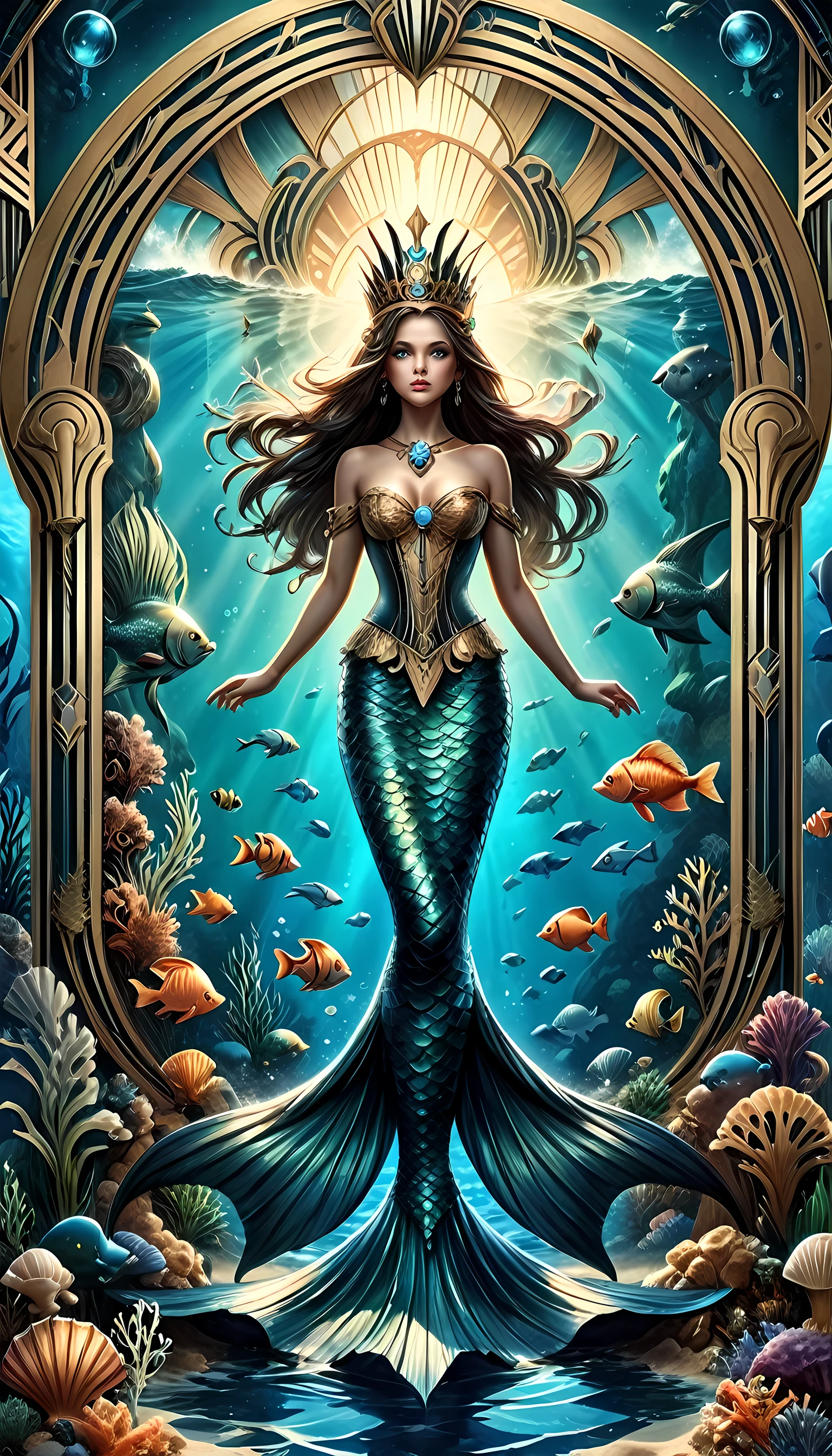 high details, best quality, 16k, ultra detailed, masterpiece, best quality, ((art deco style: 1.5)), full body, ultra wide shot, RAW, photorealistic, fantasy art, dnd art, rpg art, realistic art, an ultra wide picture of a mermaid princess in steampunk times, under the sea (intricate details, Masterpiece, best quality: 1.4) , female mermaid, (blue: 1.3) skin, (green: 1,3) hair, long hair, swirling hair, intense eyes, small pointed ears, ((blue eyes)), ((glowing eyes)), wearing sea shell clothing, she wears a crown  studded with gems(intricate details, Masterpiece, best quality: 1.4),  beautiful mermaid, you can see rich underwater life, fish, riff, dynamic fantasy blue beach background ((magical atmosphere)), high details, best quality, highres, ultra wide angle, ggmine, Dark Novel