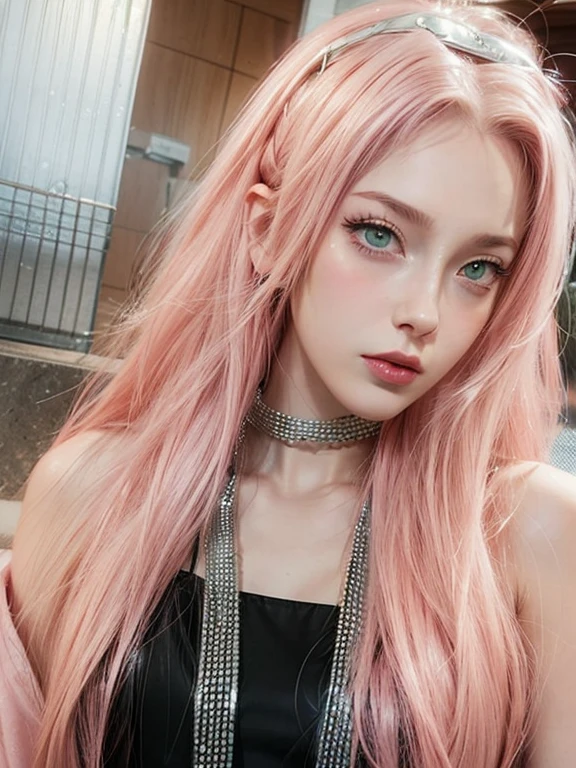 young woman, short shoulder-length pink hair, wide forehead, porcelain skin, pink eyebrows, big emerald green eyes, buttoned nose, full lips, heart-shaped face, slender body, small breasts, red tank top, Sakura Haruno , realistic, realism, details, 3d, well detailed