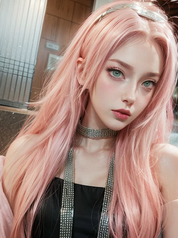 young woman, short shoulder-length pink hair, wide forehead, porcelain skin, pink eyebrows, big emerald green eyes, buttoned nose, full lips, heart-shaped face, slender body, small breasts, red tank top, Sakura Haruno , realistic, realism, details, 3d, well detailed