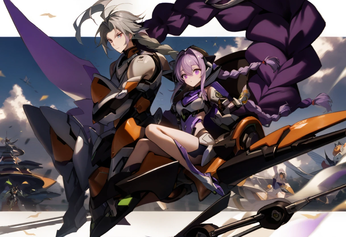 yinji,1 Girl,Male and female couple,purple_hair,purple_Eye,Very_long_hair,grey_hair,Braided_Ponytail,Chariot,flight,eva,mechanical,Transformation,Armed Girl