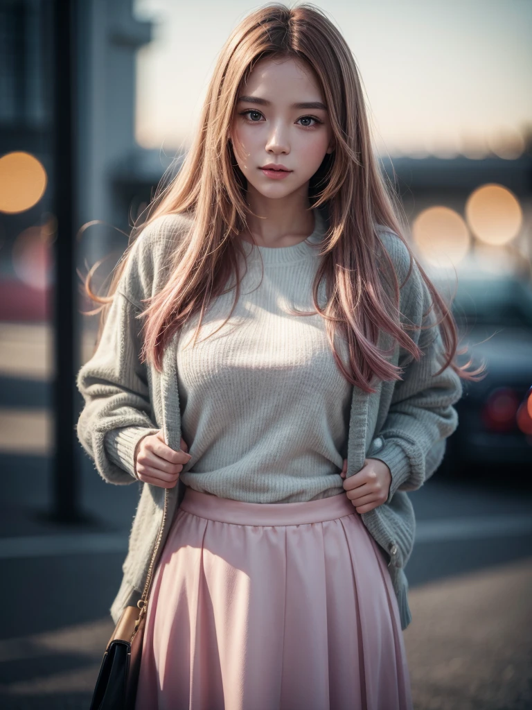 1girl, detailed face, long pink hair, white shirt, varsity jacket, skirt, hips up, raw photo, best quality, 4k, 8k, highres, masterpiece:1.2, ultra-detailed, realistic, photorealistic, photo-realistic:1.37, HDR, UHD, studio lighting, vivid colors, bokeh, portraits