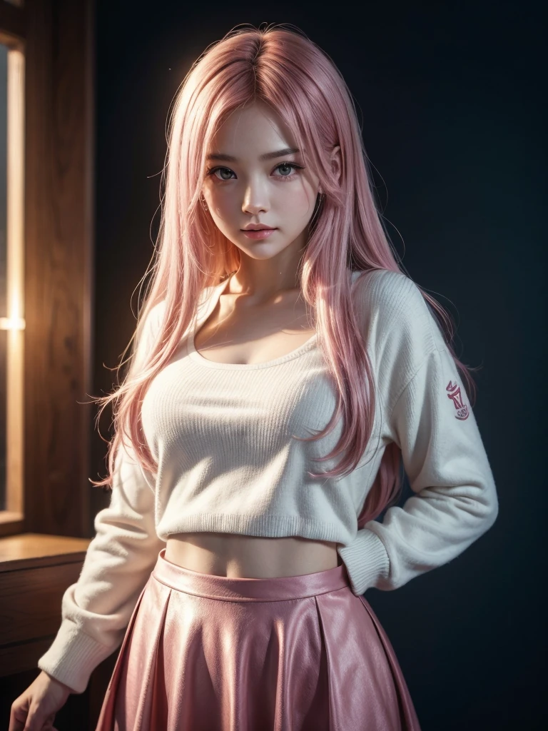 1girl, detailed face, long pink hair, white shirt, varsity jacket, skirt, hips up, raw photo, best quality, 4k, 8k, highres, masterpiece:1.2, ultra-detailed, realistic, photorealistic, photo-realistic:1.37, HDR, UHD, studio lighting, vivid colors, bokeh, portraits