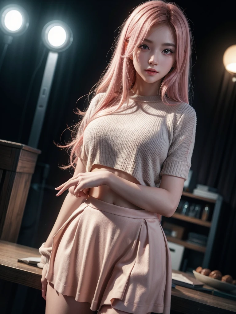 1girl, detailed face, long pink hair, white shirt, varsity jacket, skirt, hips up, raw photo, best quality, 4k, 8k, highres, masterpiece:1.2, ultra-detailed, realistic, photorealistic, photo-realistic:1.37, HDR, UHD, studio lighting, vivid colors, bokeh, portraits