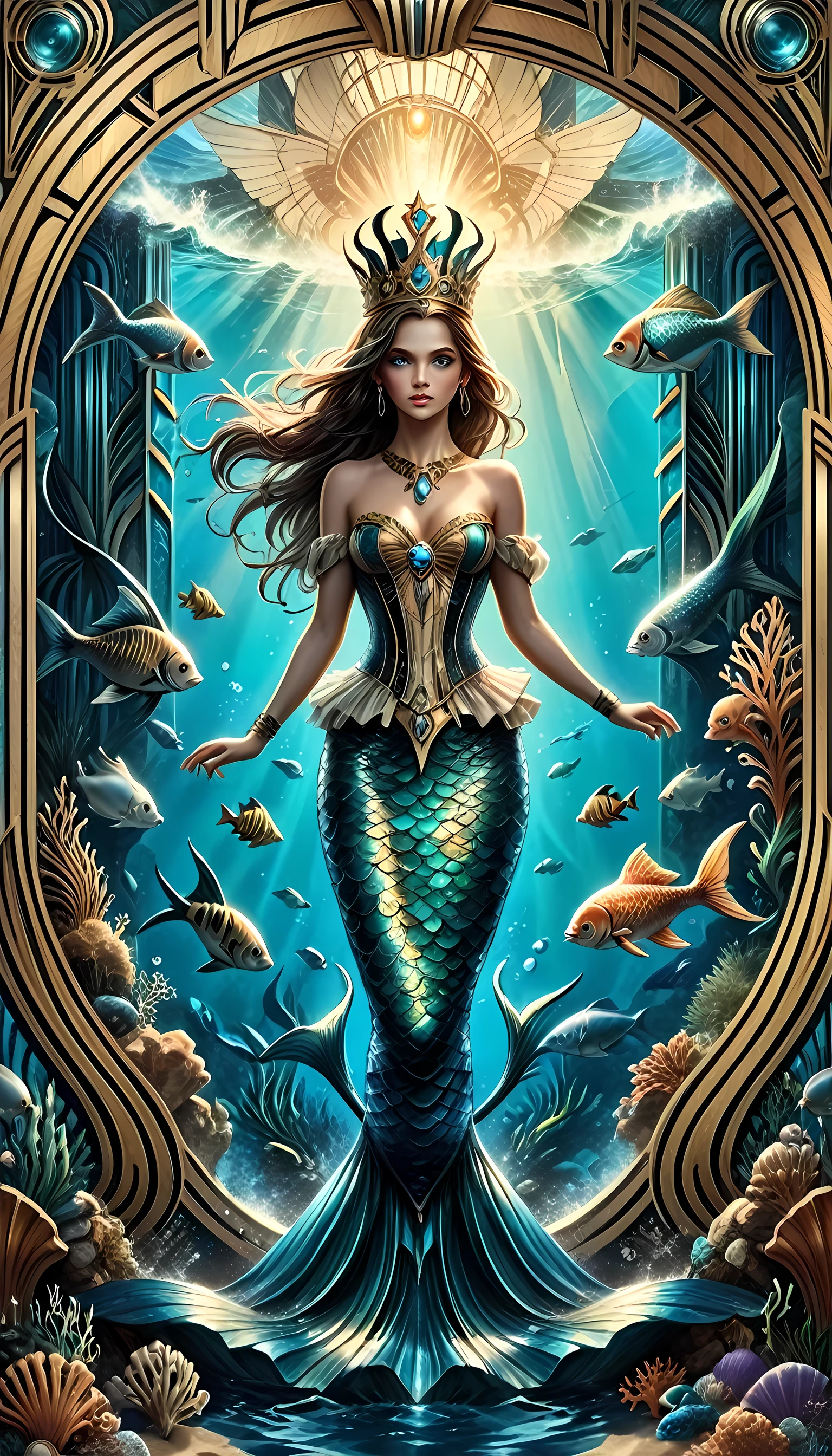 high details, best quality, 16k, ultra detailed, masterpiece, best quality, ((art deco style: 1.5)), full body, ultra wide shot, RAW, photorealistic, fantasy art, dnd art, rpg art, realistic art, an ultra wide picture of a mermaid princess in steampunk times, under the sea (intricate details, Masterpiece, best quality: 1.4) , female mermaid, (blue: 1.3) skin, (green: 1,3) hair, long hair, swirling hair, intense eyes, small pointed ears, ((blue eyes)), ((glowing eyes)), wearing sea shell clothing, she wears a crown  studded with gems(intricate details, Masterpiece, best quality: 1.4),  beautiful mermaid, you can see rich underwater life, fish, riff, dynamic fantasy blue beach background ((magical atmosphere)), high details, best quality, highres, ultra wide angle, ggmine, Dark Novel