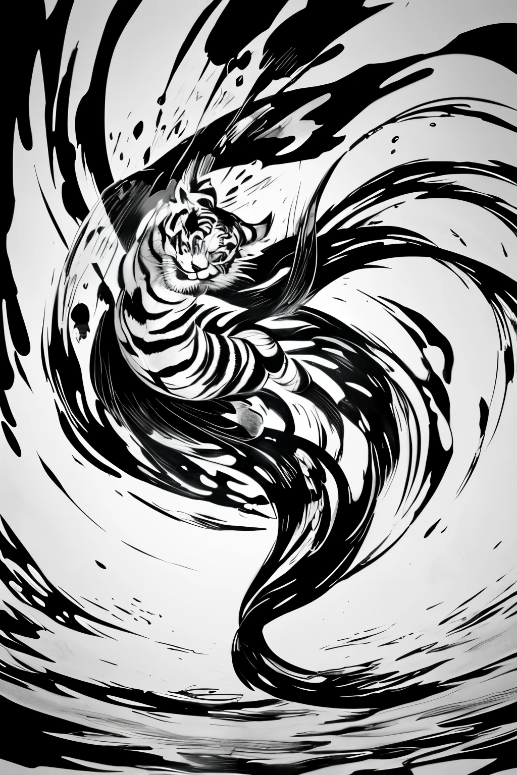 best quality, super fine, 16k, delicate and dynamic, black and white ink painting, white tiger god, water blur effect, brush stroke effect, abstract painting
