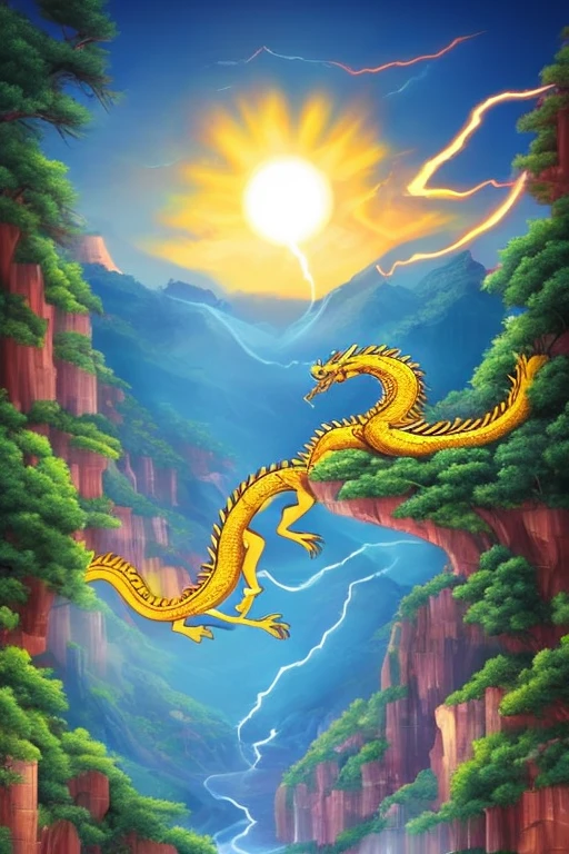So sublime and divine々A beautiful golden dragon floats in the center of the screen, glaring at the camera.。金色のThe dragon is幸せをもたらす神なのでとても有難い存在である。The surrounding area is a canyon where no one can get close, and lightning is flashing in the background.、The sun is shining brightly。The dragon is、I want a realistic image。