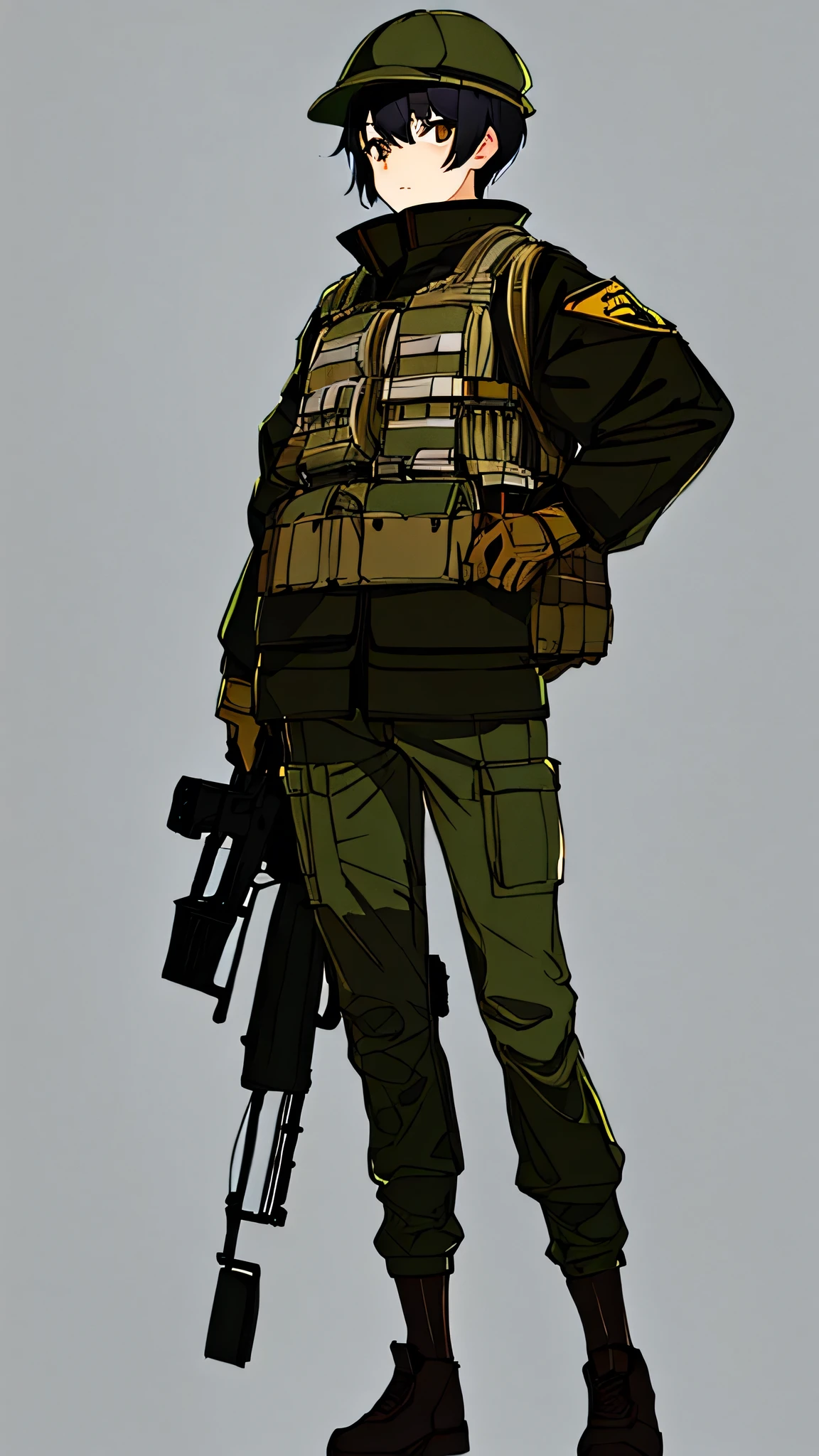 best quality, Full-HD, schoolboy, standing, short hair, black hair, brown eyes, short,full body shot, male, skinny, shooting a gun in front of her, beauty mark, plate carrier,sketch, dark_whiteolive drab military uniforve drab flat cap