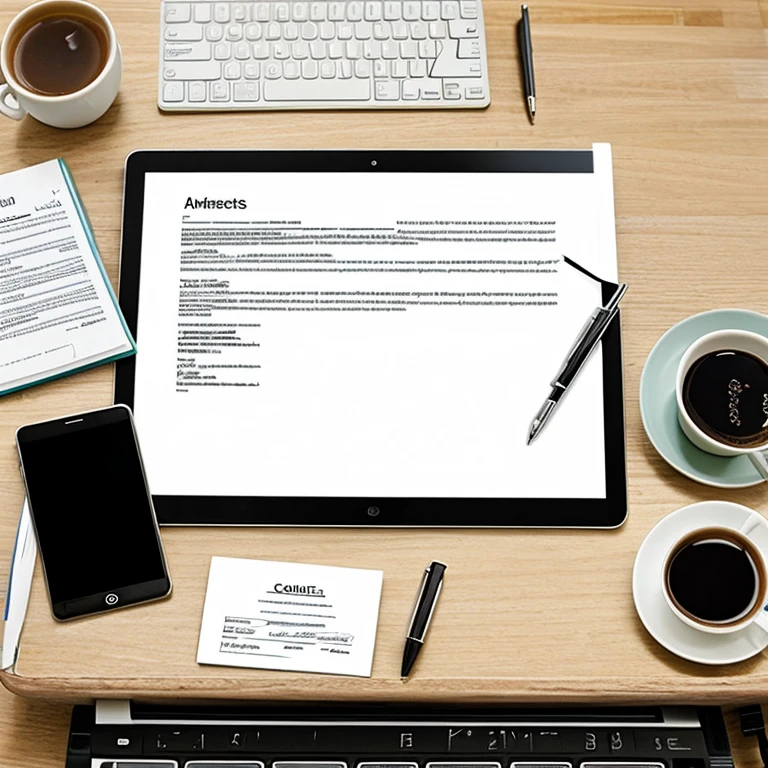 a work table with computer, notes, pens and contracts, very technological