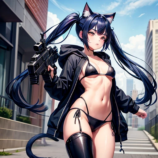 A girl with dark blue hair, cat ears and a tail, wearing a black bikini and racing pants　Loli body type　　Twin tails　　　　Flat Chest　Wearing a hoodie　Butt in detail　Holding an assault rifle