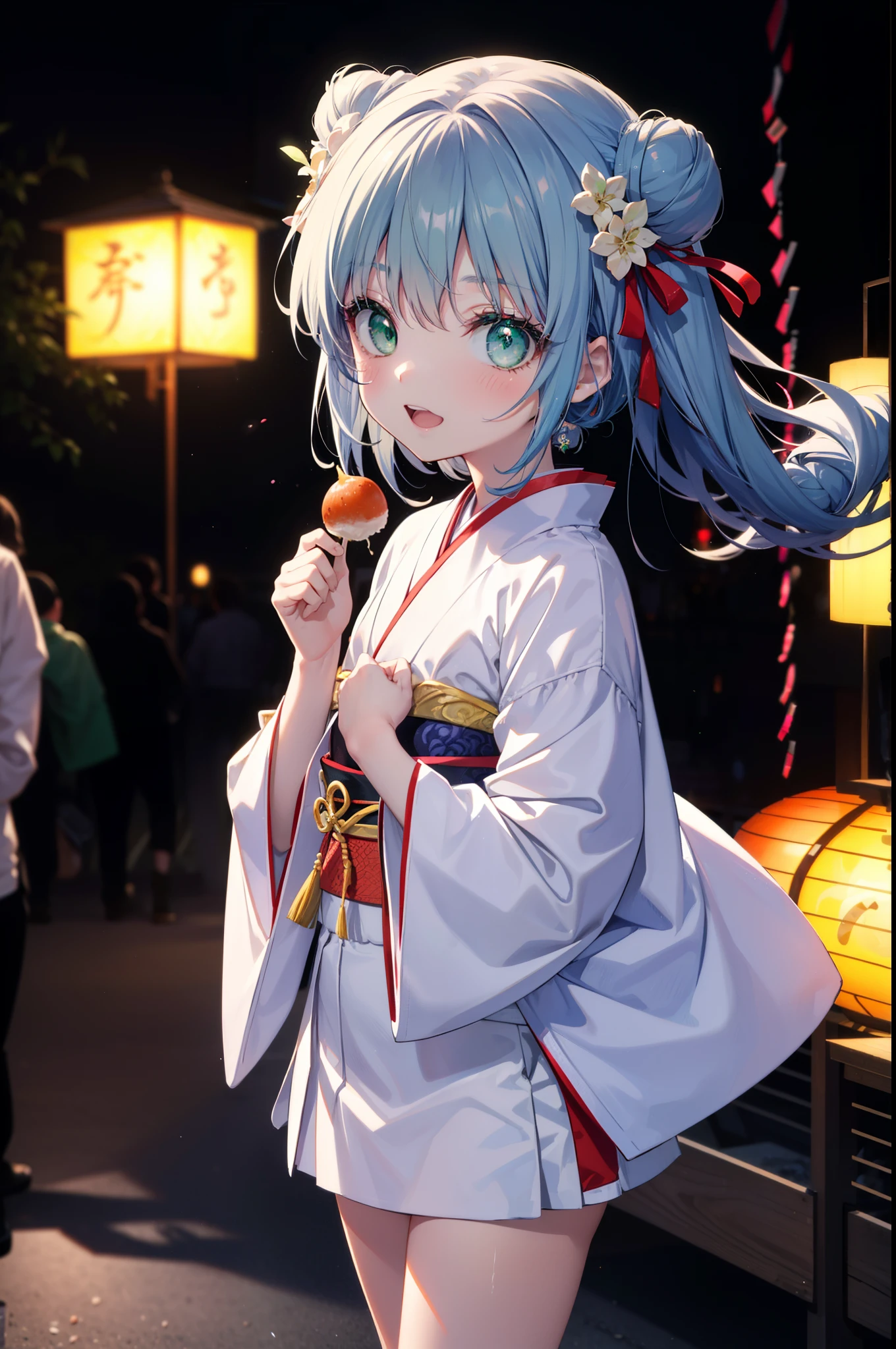 index, index, (Green Eyes:1.5), Blue Hair, Long Hair, (Flat Chest:1.2),smile,blush,Happy atmosphere,Open your mouth,Long Hair,Hair Bun, double Hair Bun,White kimono,Long sleeve,mini skirt,Sandals,night空の花火,Fireworks display,Japanese Festivals,Summer festival food stalls,Red Lantern, night,whole bodyがイラストに入るように,Looking down from above,He is holding cotton candy in his right hand,
break outdoors, shrine, break looking at viewer,whole body,(Cowboy Shot:1. 5)
break (masterpiece:1.2), highest quality, High resolution, unity 8k wallpaper, (shape:0.8), (Beautiful and beautiful eyes:1.6), Highly detailed face, Perfect lighting, Highly detailed CG, (Perfect hands, Perfect Anatomy),