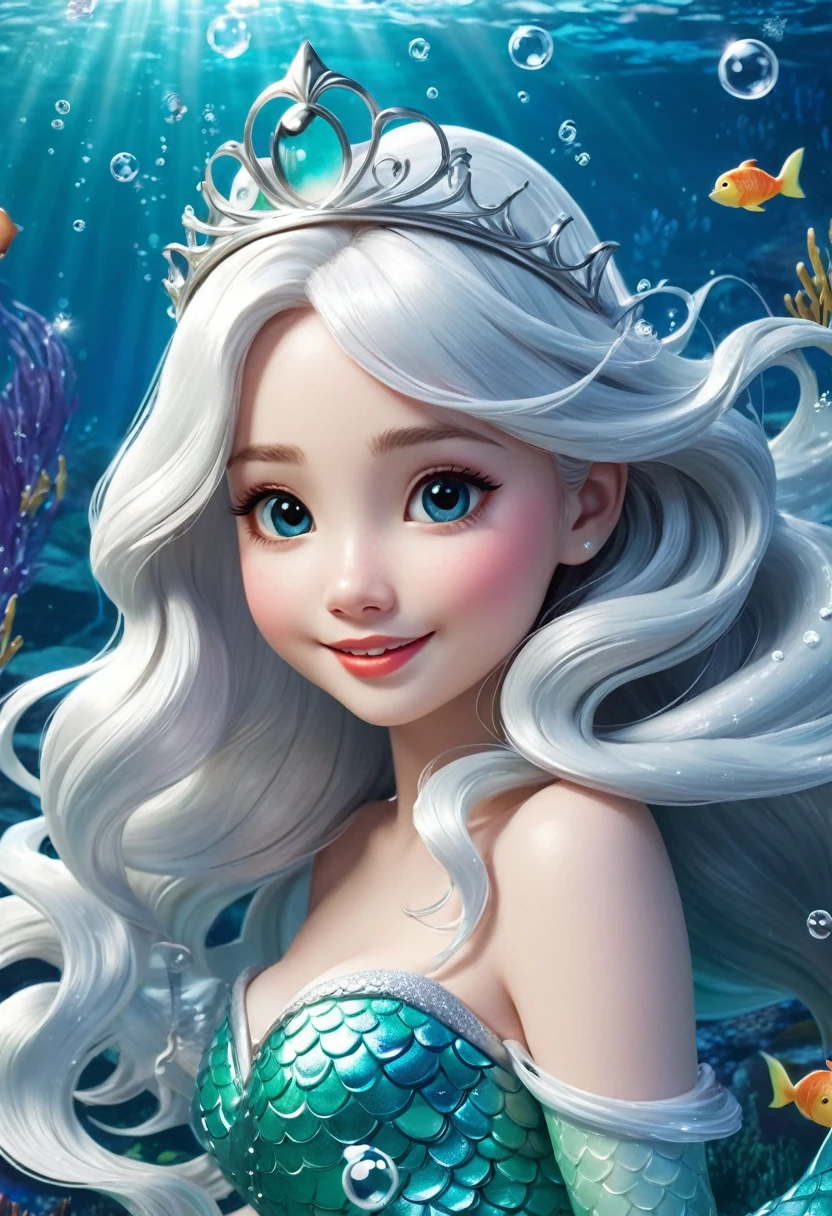 The fairy tale princess has long silver-white wavy hair(Piao Yang dynamic)The little mermaid with splashes and bubbles and a silver-white fish tail wears a crown on her head. Her smile exudes innocence and happiness. (masterpiece),
A very cute and beautiful little mermaid girl Q version , Stunning art style of underwater mermaids, 美丽的动漫风格 豐富細節 masterpiece
( Perfect anatomical structure ) Beautiful and extremely fine texture,detailed, bright, High-definition and high-quality animation style presentation