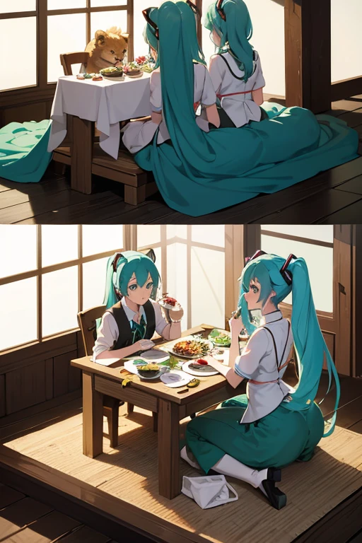 Hatsune Miku feeds a hungry lion a kaiseki meal