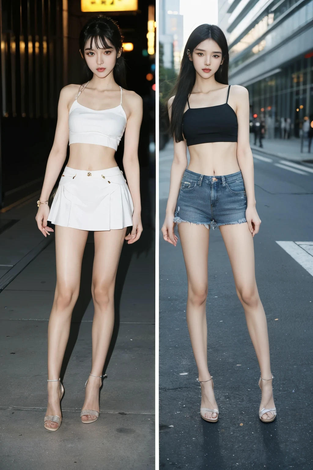 (highest quality, 8K masterpiece: 1.3), concentrated: 1.2,((((Both of them stand with their legs apart)))),(((Both of them have an inseam that is more than half their height.))),((Bare legs)),((Both of them are extremely slim)),((They both have super slim legs)),((2人ともアジア人離れした超tall)),((They are both the same height)),((Two beauties with perfect supermodel style: 1.2)), Super thin waist: 1.2, Thin buttocks,Open the navel,完璧なSuper thin thighs: 1.2),(((Both of them have amazingly slim figures.))),((Denim micro mini skirt)),Highly detailed face and skin texture,Symmetrical face, Beautiful Eyes, Beautiful Face,balanced eyes, White skinned asian, Ultra-Realistic Details,((Slender Asian Girl)),((K-Pop Idols)), Natural Shadows,(((((Both of them take full body shots: 1.8))))),(Very small hips),Large firm breasts, Super long thighs,(Super thin thighs),(Super slim calves),((Small Ass)),Super muscular body,Super toned waist,More emphasis on the abdominal muscles,((Both of them are muscular and have clearly defined six pack abs.)),Super thin waist,((White high heels)),(tall),(((Both of them are extremely exposed.))),lengthen limbs,((Standing on the street in Ginza, Tokyo)),(White short mini camisole),Hands on hips,Both of them face forward,(((Both of you should face your whole body straight ahead.))),Super long arms,Thin hands,(Long black hair),((Both of them stand up straight.)),(Keep your hips facing forward),Both of them are beautiful with a 9-head body proportion.,Very thin ankles,The arms are very slender and muscular,The legs are super slender and muscular,Make your arms thinner,Super slim and muscular legs,Both of them have super long legs.,The middle of the thighs are very thin,Super muscular and extremely slim calves,Super muscular and slim thighs,Very tight waist,(Both of them have an inseam that is more than half their height.の美脚),Extremely thin thighs,Fine skin,Firm skin,(((Both of them should fit from the top of their heads to the toes of their heels.))),(((Both of them have super slim legs))),Both of them have super slim and muscular legs.,Sunny afternoon,Bright outdoors,((Low - Angle)), ((Wide open abdomen)),Photographic Lighting, photo shoot,information