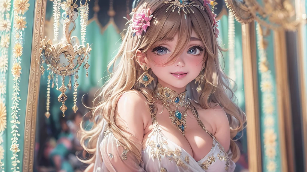 Mature Woman, Looking at the audience, Attractive breasts,Sensual curves、bubble、Full Body Shot,Nightgown, Charming smile, Thick lips, plump唇, blush, Looking at the audience, Provocative expression, Beautiful Hairstyles, Cleavage, plump、Curvy Hips、Attractive face、Mischievous face、Sexy Lingerie、An inviting gaze、Expressing emotions、colored feather, Money属装飾品, particle, Light, (masterpiece, highest quality, highest quality, Official Art, beautifully、aesthetic:1.2), (1 girl:1.3), Very detailed,(Fractal Art:1.1),(colorful:1.1)(flowerズ:1.3),Most detailed, (Dynamic pose), (Shiny skin), (Many colors :1.4), ,(Earrings:1.4), (feather:1.4),masterpiece,Mr.々Hair style,Moneyのヘッドバンド,Tulle covers the chest,Perfect balance, Detailed details of the garment,marble,cinematicLighting, Film Grain, contrast of Light and dark,High detail,(((Gorgeous Accessories))))、Openwork decoration,(((See-through dress)))、(((Anatomically correct body))) ,1 girl, (High resolution), (8k), (Very detailed), Perfect Face, Beautiful eyes and face, (((highest quality))), (Very detailed), Detailed face and eyes, Beautiful Eyes,(((Sexy pose))),Beautiful Eyes、Transparent double eyelids、(((Super gorgeous background)))、Bright Eyes,Money,diamond,gem,Body Chain,Luxury Accessories,beautifully、aesthetic,flower