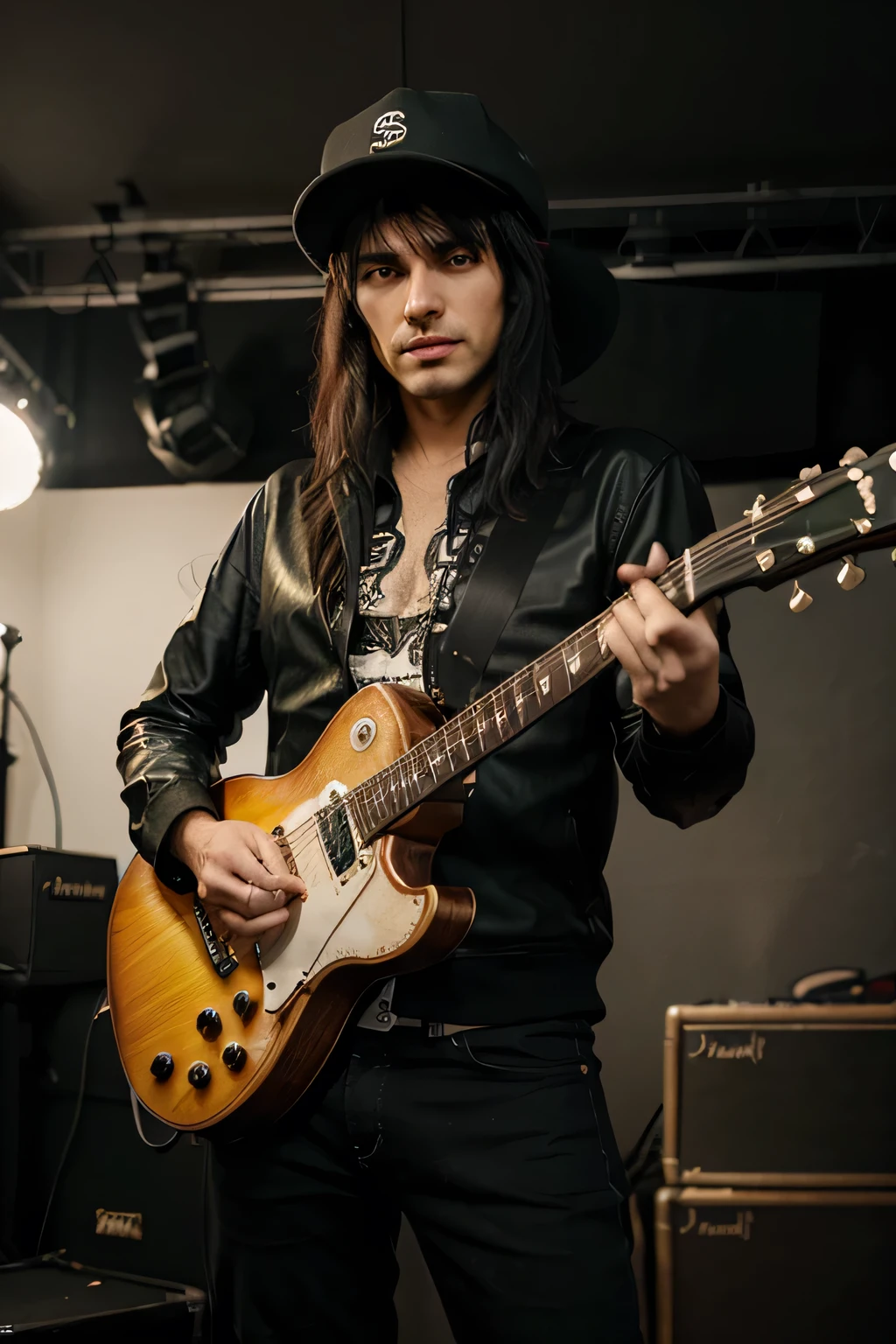 rock singer, black hair, green eyes, hat, name John Nobody, studio, guitar in his hand