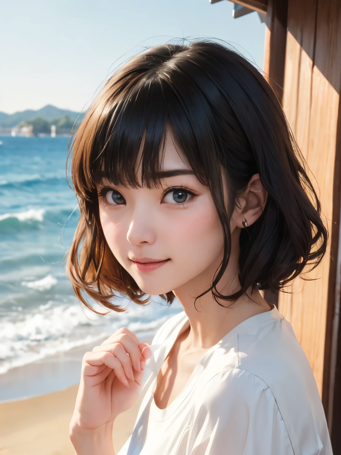 1 girl、highest quality、Realistic、alone、Written boundary depth、Natural soft light、Daytime、charm、Beautiful Face、Cleanliness、Pure Face、White skin、cute、short hair、prohibit、Beach、Light of the sun、Nedium Breast Body Esbian、((セーターを着たBeautiful Faceの黄金比 対称性のあるBeautiful Face))、Long neck、Listen carefully、prohibitのあるきれいな短いボブヘア、Laugh with your mouth closed、Perfect hands指、Perfect hands、Perfect body、Perfect Face、Shine a light into your eyes、Perfect Anatomy:1.4、とてもcuteスーパーモデル:1.4、{Huge|big|Hugeな|Mega} chest:2, chestの谷間:2、transparent、transparent性、Grossoisture、Shine、Cool feeling、Beautiful gradation blue sky:2