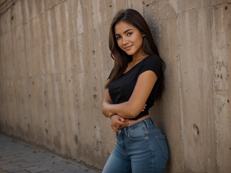 a 23 year old Bolivian girl with brown hair, piel clara, ojos claros, sonrisa delicada, estatura 1,60, senos medianos, cintura regular, cuerpo delicado, vistiendo jeans ajustados color negro y blusa negra