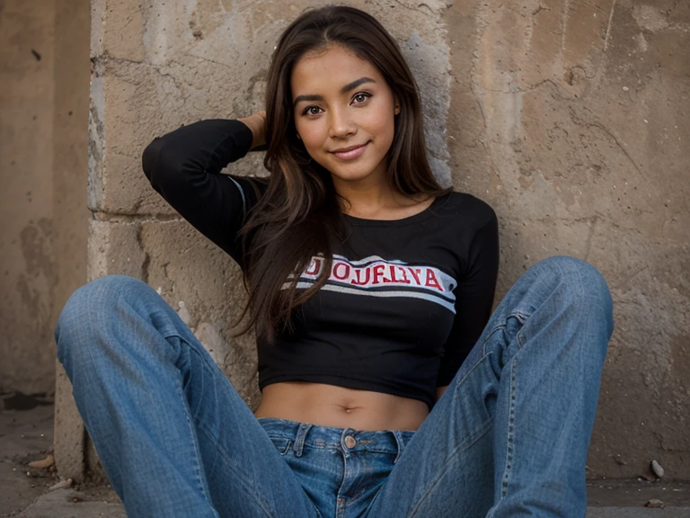 a 23 year old Bolivian girl with brown hair, piel clara, ojos claros, sonrisa delicada, estatura 1,60, senos medianos, cintura regular, cuerpo delicado, vistiendo jeans ajustados color negro y blusa negra