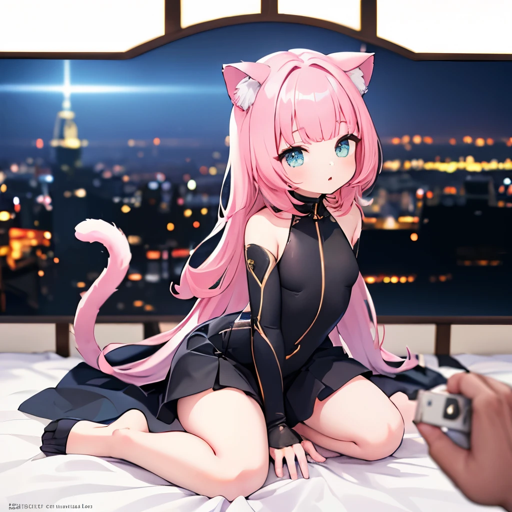 A girl, Height 150 cm, Cat ear, Catwoman，(best quality,4k,8K,high resolution,masterpiece:1.2),Very detailed,(Practical,photoPractical,photo-Practical:1.37),HDR,super high quality,Studio Lighting,Ultra-fine,Stay focused,Physically Based Rendering,Very detailed的描述,professional,Vibrant colors,Bokeh,portrait,Anime style，charming的,Kawaii,charming的,elegant,beautiful,charming，full-body shot，JK，White，The correct number of limbs，correct number of fingers，Reasonable body proportions，Delicate face，Correct limb length，The face is rich in detail，Sitting on the bed
