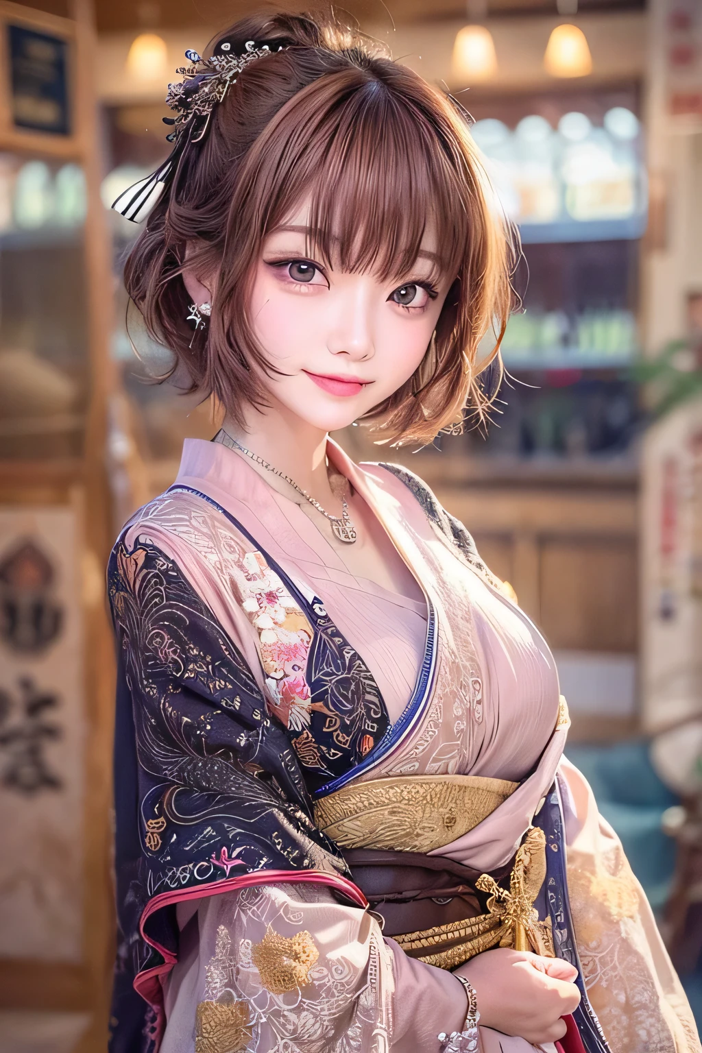 masterpiece, 20 years old, Beautiful girl, Fine grain, highest quality, Ultra High resolution, (reality: 1.4), Cinema Lighting, Beautiful Skin, (Ultra-realistic), (High resolution), (8k), (Very detailed), ( Best illustrations), Pouting slightly, (Crystal colorful lights), Extremely refined and beautiful, beautiful detailed eyes, Round eyes, detailed facial features, (Round pupils:1.4), (alluring face), Smiling lips, (Medium breasts:1.3), smile, Open lips, (Beautiful and detailed face, Beautiful and delicate eyes), pink cheek, mascara, brown hair, short hair, (samurai girl), off shoulder, Exposed back, Exposed thighs, sea side,