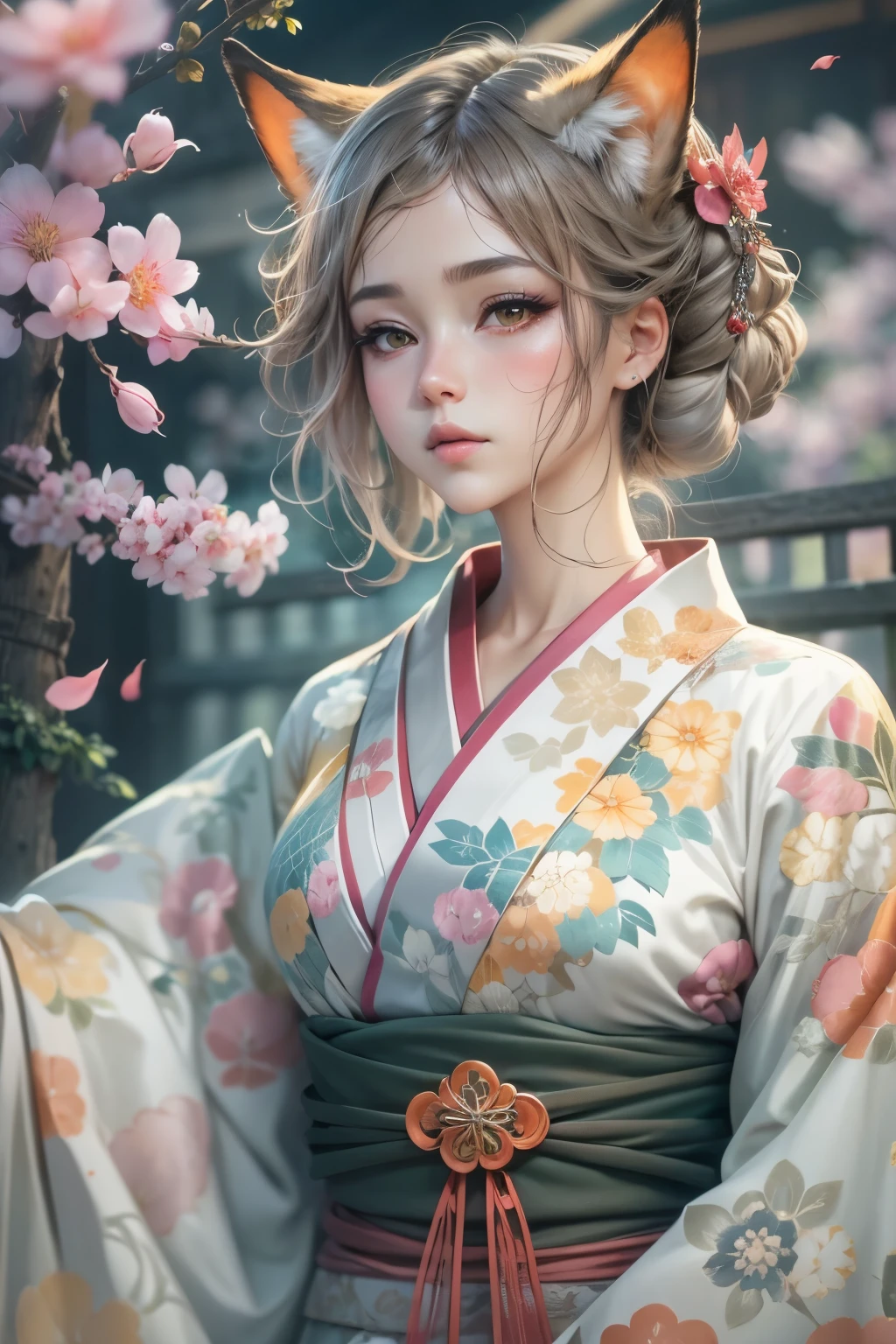 highest quality,masterpiece,Beautiful details,Exquisite detail,Delicate lips,The details are complicated,Really,Ultra-photorealism,Fox Girl,kimono, Splash art anime ,Cute girl anime visuals,
