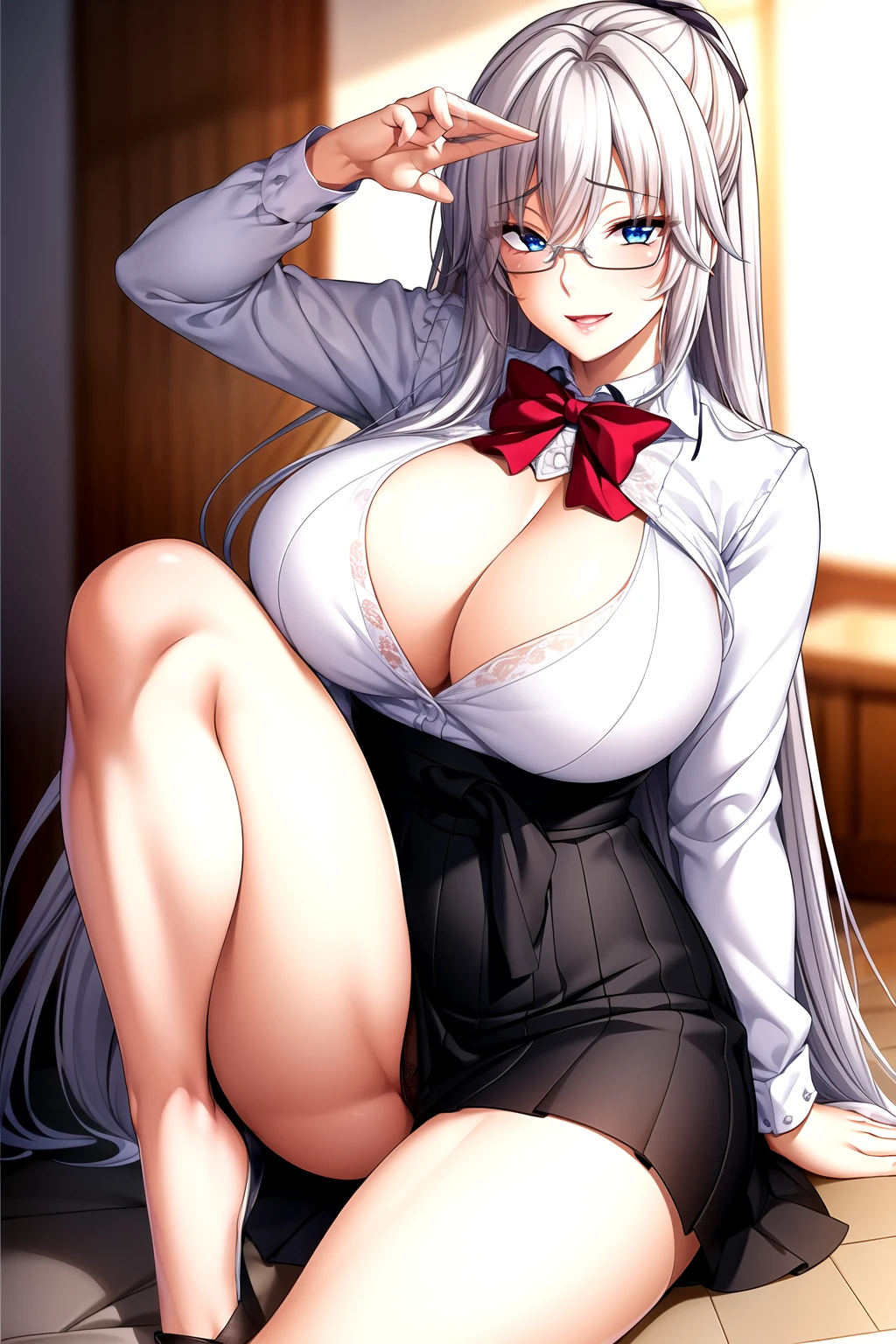 office lady, skirt, eye glass, bra, Full body pictures, white hair,blue Eye,long hair, 1 girl, 25 years old,Young women,beautiful Finger,beautiful long legs,beautiful body,beautiful Nose,beautiful character design, perfect Eye, perfect Face,expressive Eye,Perfect balance, looking at the audience,(Focus on her Face),shut up, (Innocent_大Target_Eye:1.0),Light_Smile, Official Art,Very detailed CG unity 8k wallpaper, Perfect lighting,rich and colorful, bright_front_Face_Lighting,有Light澤的皮膚, (masterpiece:1.0),(the best_quality:1.0), Ultra-high resolution,4k,Very detailed, photography, 8K, HDR, high resolution, absurd:1.2, Kodak Portrait 400, Film Grain, Blurred background, Bokeh:1.2, 镜头Light晕, (Energetic_color:1.2),Professional photographer, (beautiful,Target_Chest:1.2), (beautiful_Face:1.5),(narrow_waist), smile