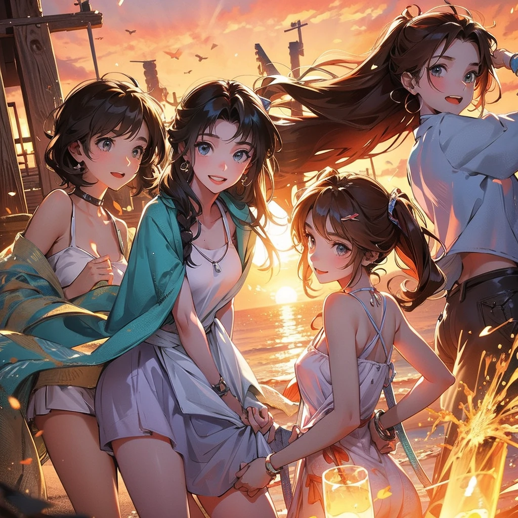 group photo of cute  girls,sunset beach,