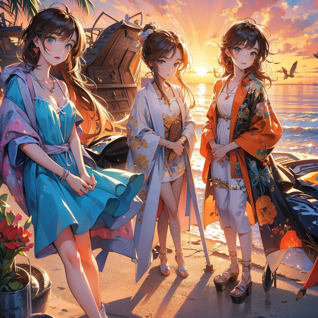 group photo of cute girls,sunset beach,