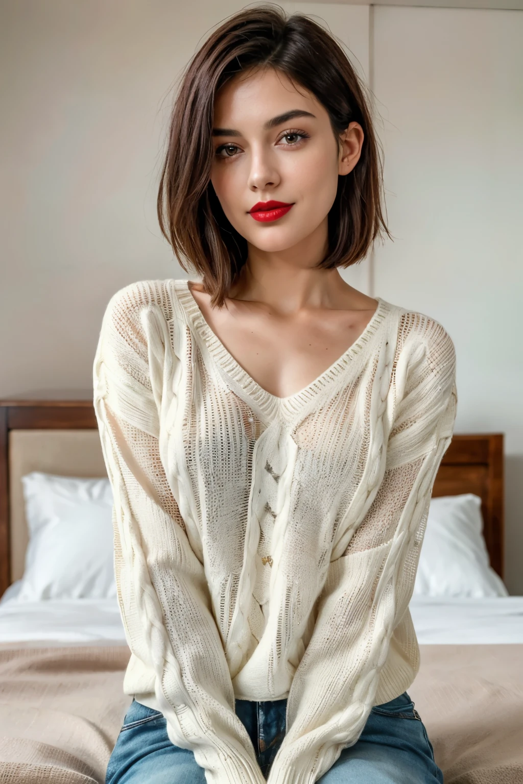 Tabletop, highest quality, Realistic, Very detailed, finely, High resolution, 8k wallpaper, RAW Photos, Professional photography, Depth of written boundary, One Woman, 28 years old, Bedroom, (Red lips), ((Looking into the camera)), Upper Body, short hair, Bob Hair, (Straight hair), Shapely small breasts, (V-neck see-through knit sweater)
