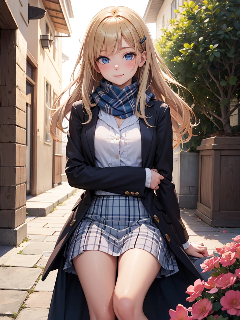 (masterpiece),(top-quality:1.2),1girl in,(masuter piece:1.3),exquisitedetails, Highest quality 8K resolution, Ultra-detailed, Realistic, Vibrant colors, Soft tones, With warm and gentle lighting,(Beautiful plaid scarf:1.3),(Preet Pink Ruffled Ribbon Dress,) (Brown long coat:1.2) early evening,Big sunset,(Smooth straight blonde hair:1.2),(Hair parted in the middle:1.3),(Glowing hair),(Dark blue eyes:1.3),White skin, hair clips,Overflowing soft and gentle feelings,(The promenade is full of flowers),The sun's rays illuminate joy and pure love, Warm golden glow,The atmosphere is full of happiness and laughter, As if celebrating love,Sticking to ultra-detailed depictions and vivid colors. In a style that blends romanticism and realism、You can feel the depth of love,color palettes,Create an ethereal atmosphere like a dream,and the lighting is soft and diffused, Shine a gentle light on your face,The artwork is a masterpiece,