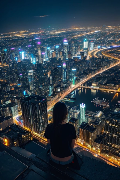 highest quality、after the rain、Sparkling golden neon future city、Watching from on high、Night view,