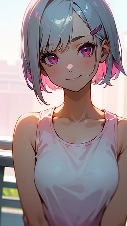 1girl、Short silver bob hair held together with a hair clip, Pink Eyes、smile、I really like it、Pink Tank Top、hot pants、Upper body close-up、Morning Cafe Terrace、Background Blur, Written boundary depth