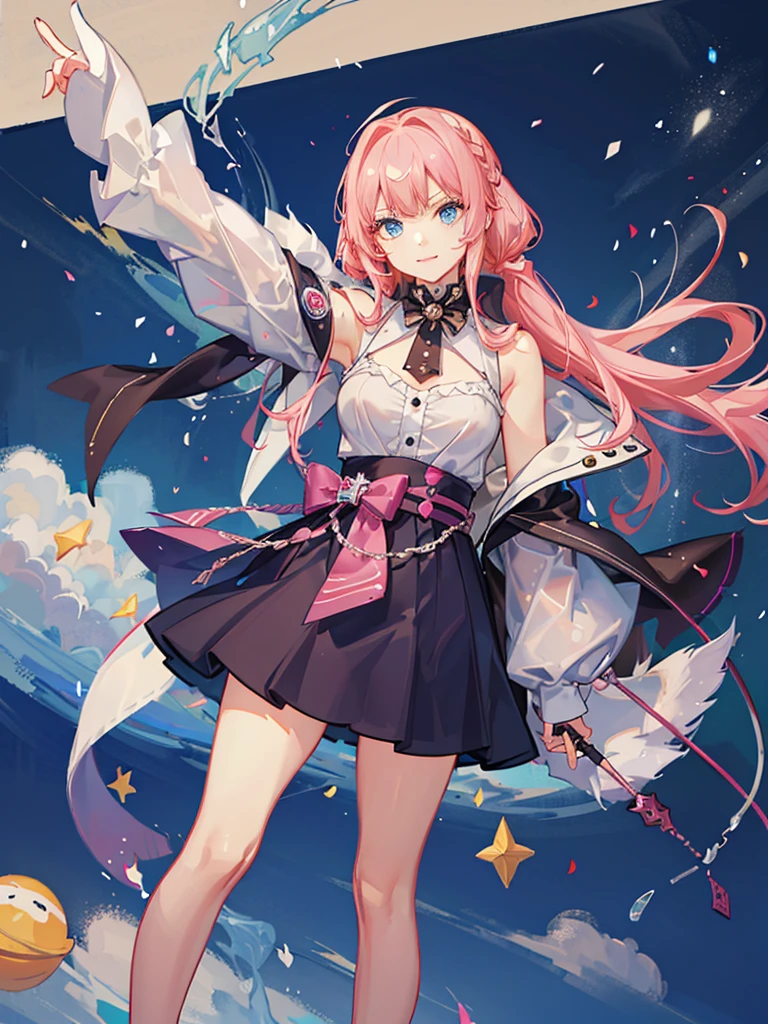 highest quality、最高masterpiece、highest quality、masterpiece、Anime Monochrome、A colorful and unique space、One Girl、Pink Hair, Braided hair, bangs, Big bright blue eyes, Energetic、Alice-style one-piece mini skirt、大きなハンマーを堕ち下ろす 当たっている場所から✨がたくさん勢いよく飛び散っている