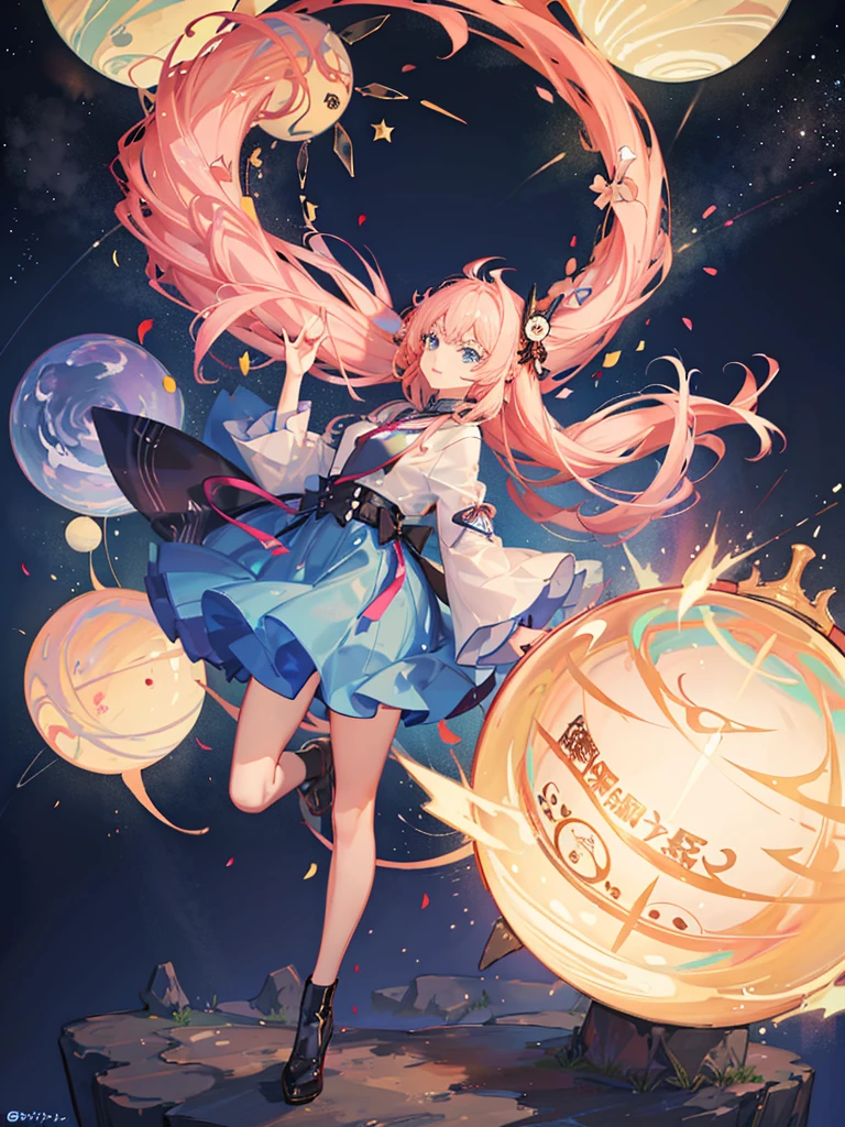 highest quality、最高masterpiece、highest quality、masterpiece、Anime Monochrome、A colorful and unique space、One Girl、Pink Hair, Braided hair, bangs, Big bright blue eyes, Energetic、Alice-style one-piece mini skirt、大きなハンマーを堕ち下ろす 当たっている場所から✨がたくさん勢いよく飛び散っている