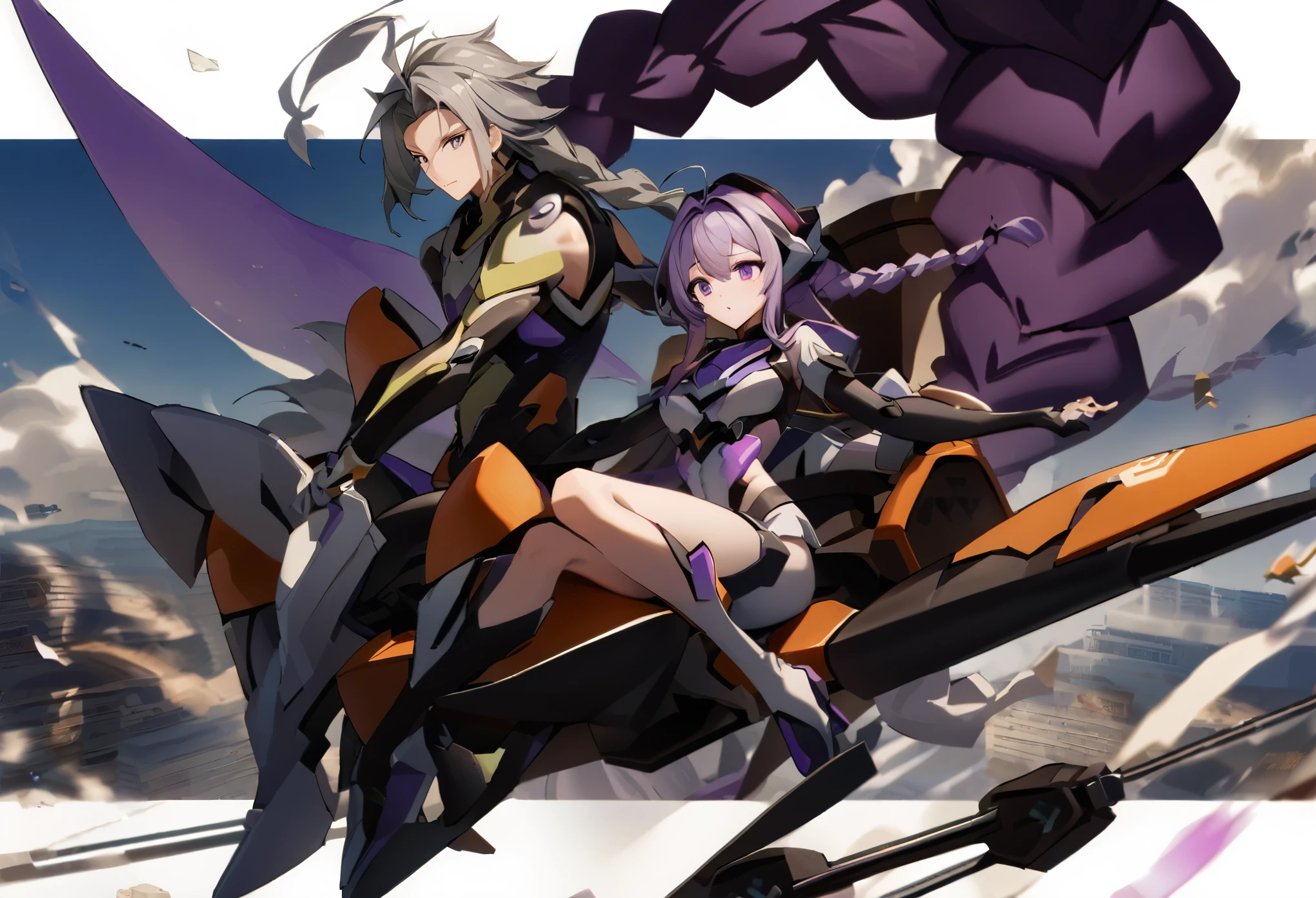 yinji,1 Girl,Male and female couple,purple_hair,purple_Eye,Very_long_hair,grey_hair,Braided_Ponytail,Chariot,flight,eva,mechanical,Transformation,Armed Girl