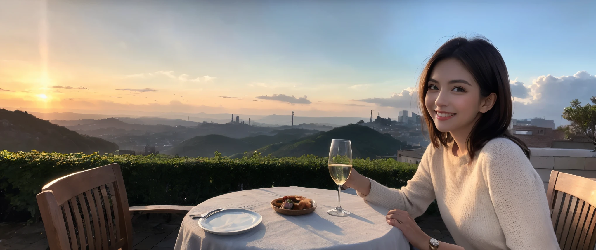 ((highest quality、8k、masterpiece:1.3))、1 male1 female、sake,cutegirl,wineparty、spouse、Couple、Slim body、((Bob Hale、Straight hair:1.2)), (Realistic, Intricate details:1.2), Wine glass on the table、Shine light on your face、 Amazing view of the sunset sky and clouds、Amazing mountain views、A bright smile、The wonderfulness of smile、Bright image、The beauty of wine, Beautiful Face, blue eyes, The light shines on your face, Blushing, short hair,Bright Face、 (Age 37), 32years old, red wine 、Appetizers、Italian food、Wine bottle、Champagne、sparkling wine、Two beauties、Brown Hair、Shortcuts、Long sleeve shirt、dress、Pretty Woman 1, (Slim face), (The body is slim), (Brown Hair), (Shortcuts), cheeks turn a little red,Attractive beauty、restaurant, In a prominent place (From the waist up) Nova Frog Style, actress, model, Upper Body, White wine, slim, wine glass, Wine glass placed in the center, smile, (smile: 1.15), Beautiful fine grain, Depth f/2,saturation, High Contrast, Strong light and shadow,Moist Body:1.5、3D texture、Delicate eyes、Brown Hair、The hair is very shiny、