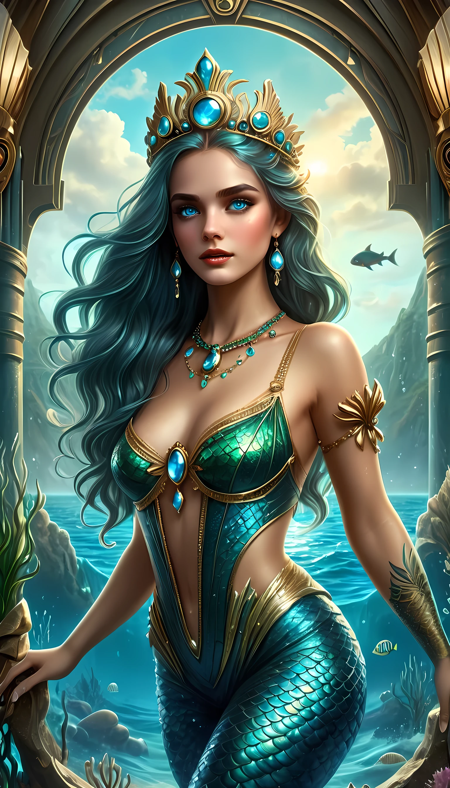 high details, best quality, 16k, ultra detailed, masterpiece, best quality, ((art deco style: 1.5)), full body, ultra wide shot, RAW, photorealistic, fantasy art, dnd art, rpg art, realistic art, an ultra wide picture of a mermaid princess in steampunk times, under the sea (intricate details, Masterpiece, best quality: 1.4) , female mermaid, (blue: 1.3) skin, (green: 1,3) hair, long hair, swirling hair, intense eyes, small pointed ears, ((blue eyes)), ((glowing eyes)), wearing sea shell clothing, she wears a crown  studded with gems(intricate details, Masterpiece, best quality: 1.4),  beautiful mermaid, you can see rich underwater life, fish, riff, dynamic fantasy blue beach background ((magical atmosphere)), high details, best quality, highres, ultra wide angle, ggmine, Dark Novel