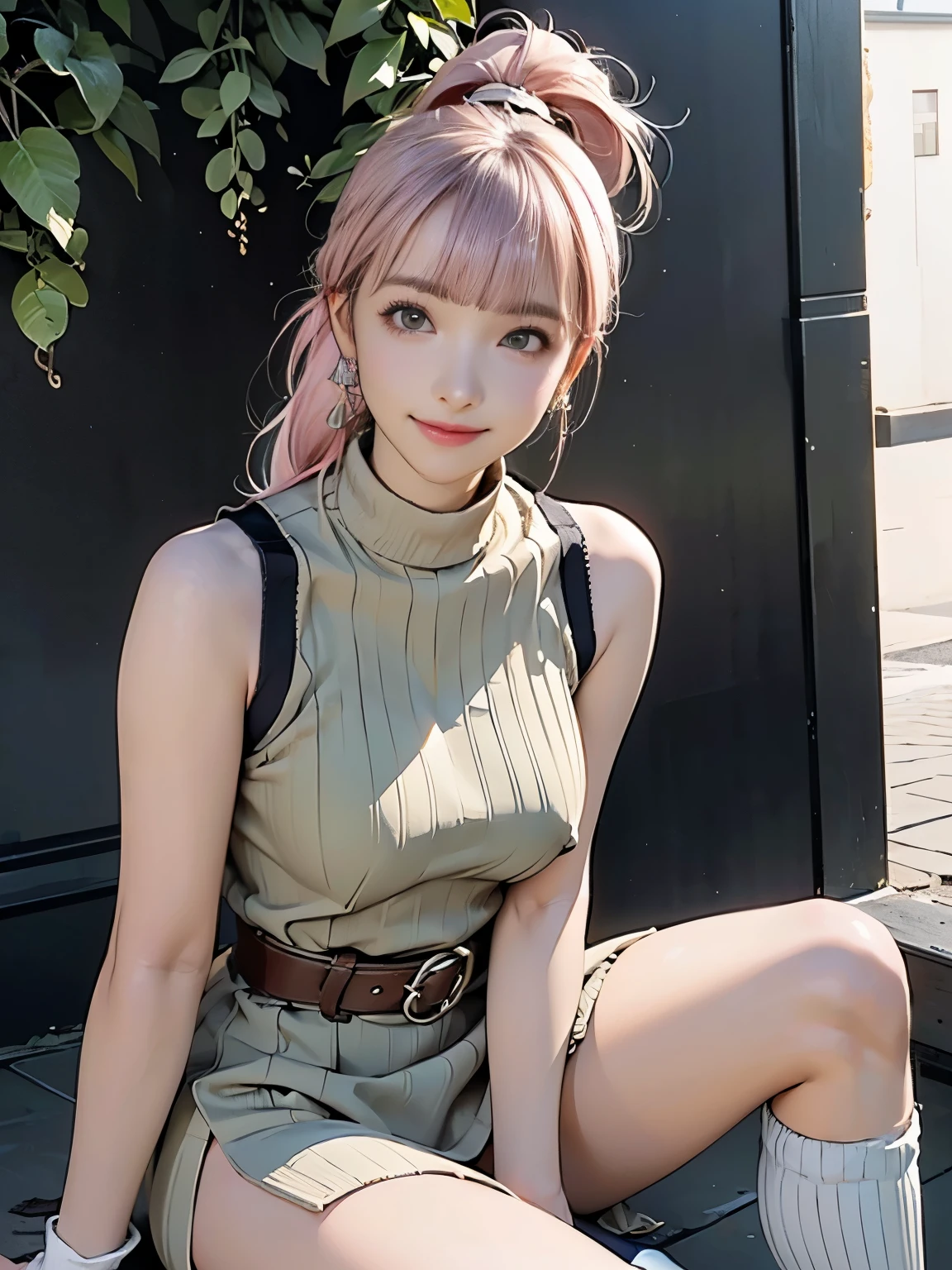 ((((highest quality))))、(((超精密CG16Kwall紙)))、(((masterpiece)))、(((Super detailed)))、(((Extreme detail)))、((1Mature 29 year old woman:1.6))、((Very beautiful Japanese faces))、((Zuo々Nozomi:1.5))、((Soft wavy ponytail hair、blunt bangs:1.5))、((Shiny pink hair:1.5))、Beautiful delicate eyes、Brown Eyes、eyeliner、Eyeshadow、High nose、Small nostrils、Small Mouth、Seductive lips、Beautiful breasts、((C cup size breasts))、Beautiful feet、eight-headed body、Perfect proportions、Perfect Anatomy、Perfect composition、Beautiful detailed shading、Beautiful, natural lighting、Beautiful detail glow、Depth of written boundary、(((High chroma)))、(((Real:1.9)))、((vivid:1.5))、((Beautiful Skin))、((Skin Texture))、((Realな皮膚感))、(((Cowboy Shot:1.6)))、((front view、shoot from front、Front low angle:1.6))、(((smile:1.5)))、((The woman is looking at this、looking at viewer、Facing forward:1.6))、Bright daylight、Natural light、(((background_wall、Foliage plant:1.5)))、(Gravure idol pose:1.6)、(((Belted moss green high neck sleeveless ribbed knit slit mini dress:1.6)))、((Scrunchie、Wearing earrings:1.3))、((Knee-high socks:1.5))、