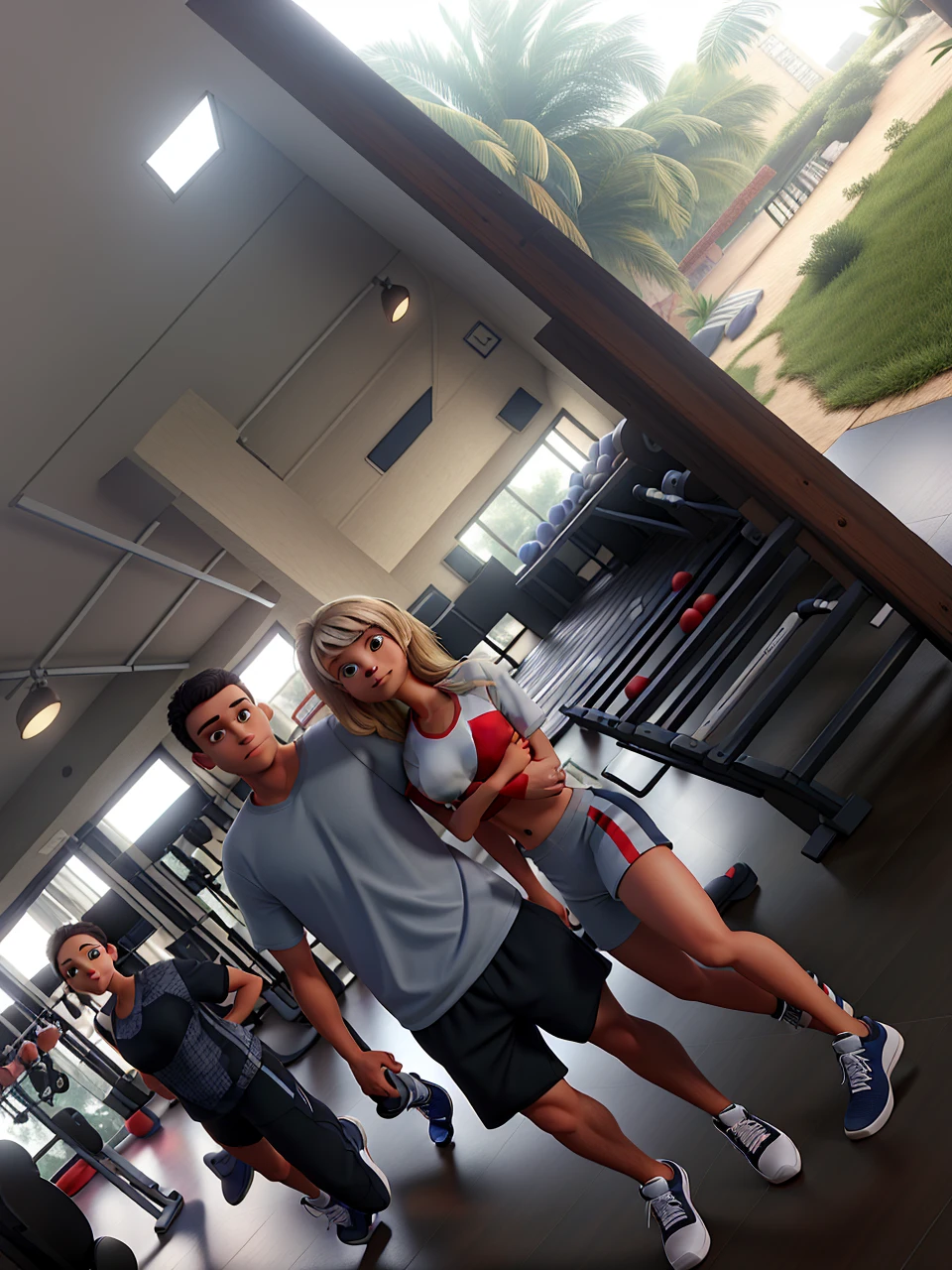 couple wearing workout clothes and sneakers, posing for a background in a beautiful gym