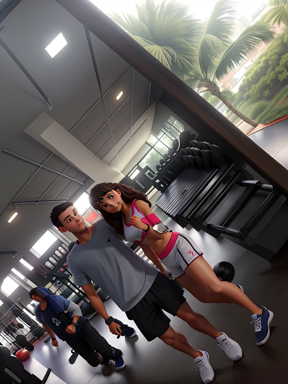 couple wearing workout clothes and sneakers, posing for a background in a beautiful gym