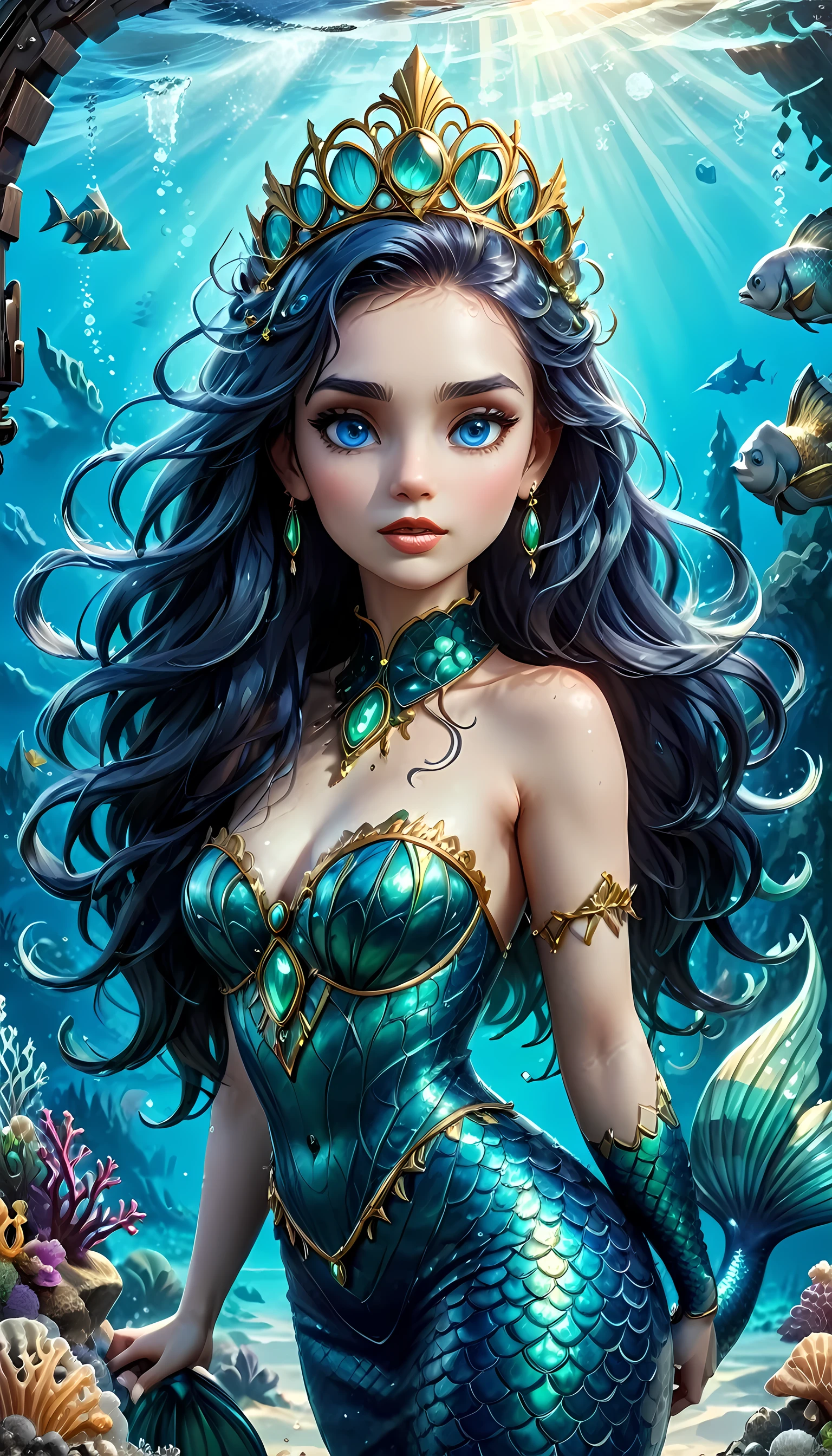 modisn disneyhigh, details, best quality, 16k, ultra detailed, masterpiece, best quality, ((art deco style: 1.5)), full body, ultra wide shot, RAW, photorealistic, fantasy art, dnd art, rpg art, realistic art, an ultra wide picture of a mermaid princess in steampunk times, under the sea (intricate details, Masterpiece, best quality: 1.4) , female mermaid, (blue: 1.3) skin, (green: 1,3) hair, long hair, swirling hair, intense eyes, small pointed ears, ((blue eyes)), ((glowing eyes)), wearing sea shell clothing, she wears a crown  studded with gems(intricate details, Masterpiece, best quality: 1.4),  beautiful mermaid, you can see rich underwater life, fish, riff, dynamic fantasy blue beach background ((magical atmosphere)), high details, best quality, highres, ultra wide angle, ggmine, Dark Novel